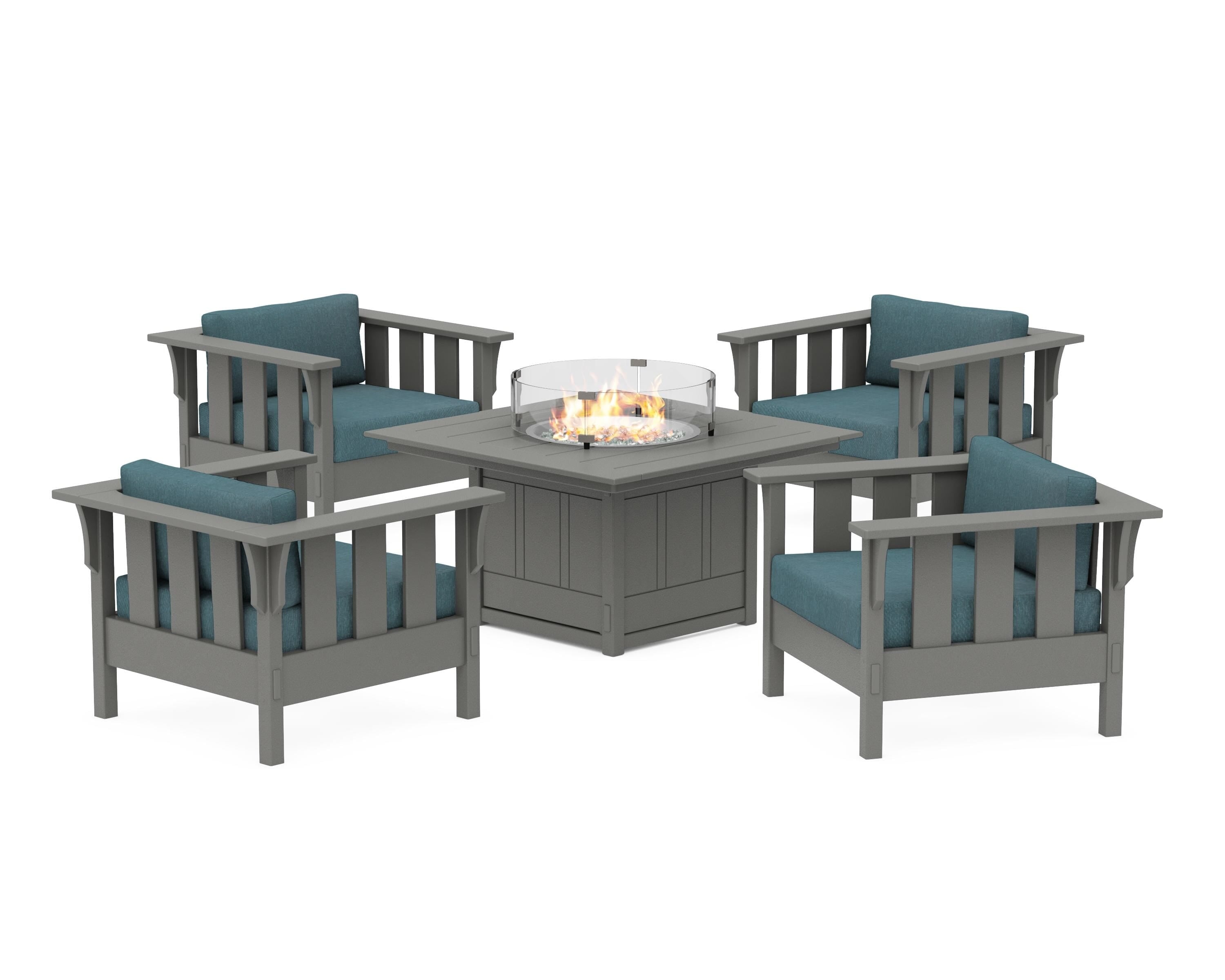 Martha Stewart by POLYWOOD® Acadia 5-Piece Deep Seating Set with Fire Pit Table in Slate Grey / Ocean Teal