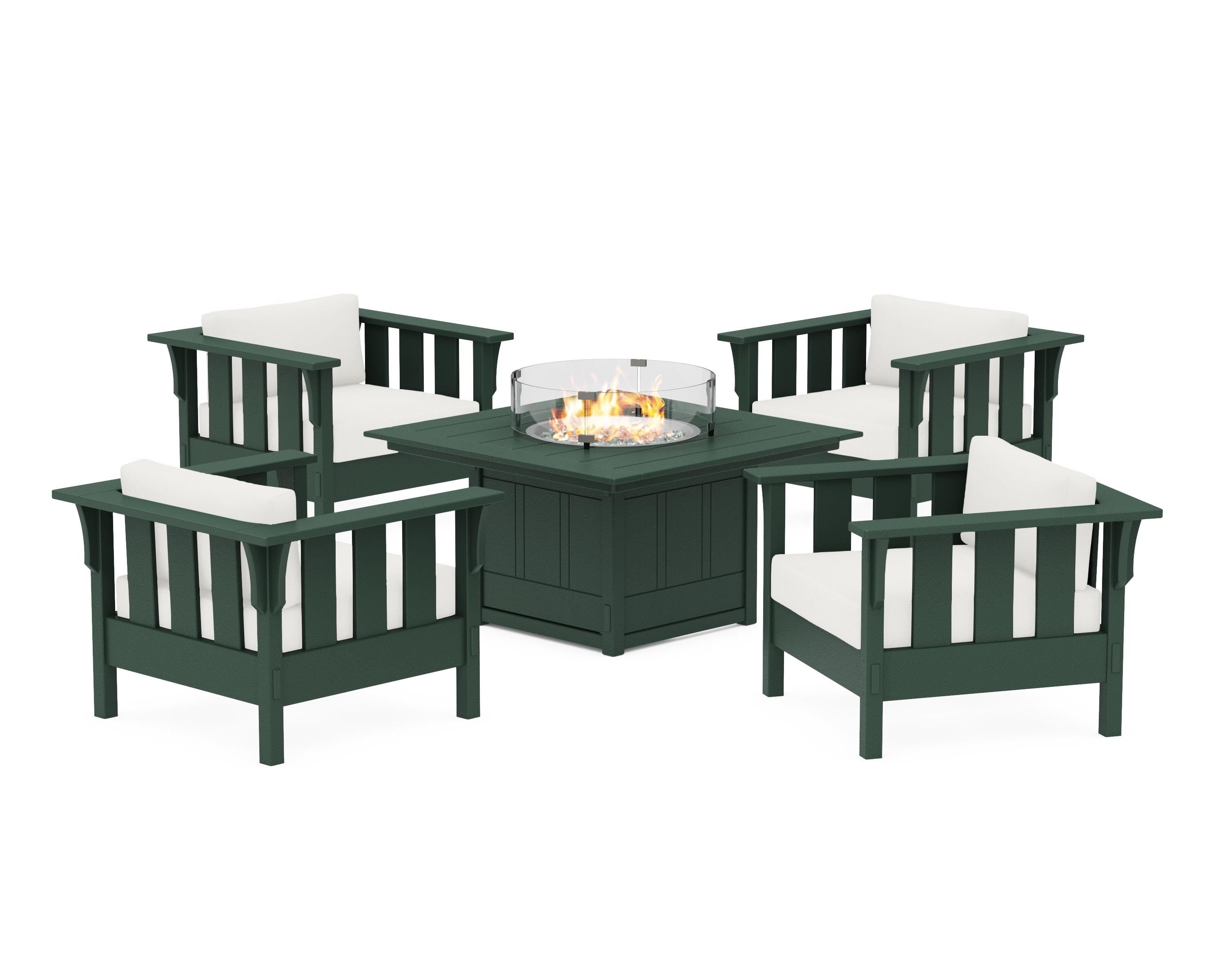 Martha Stewart by POLYWOOD® Acadia 5-Piece Deep Seating Set with Fire Pit Table in Green / Natural Linen
