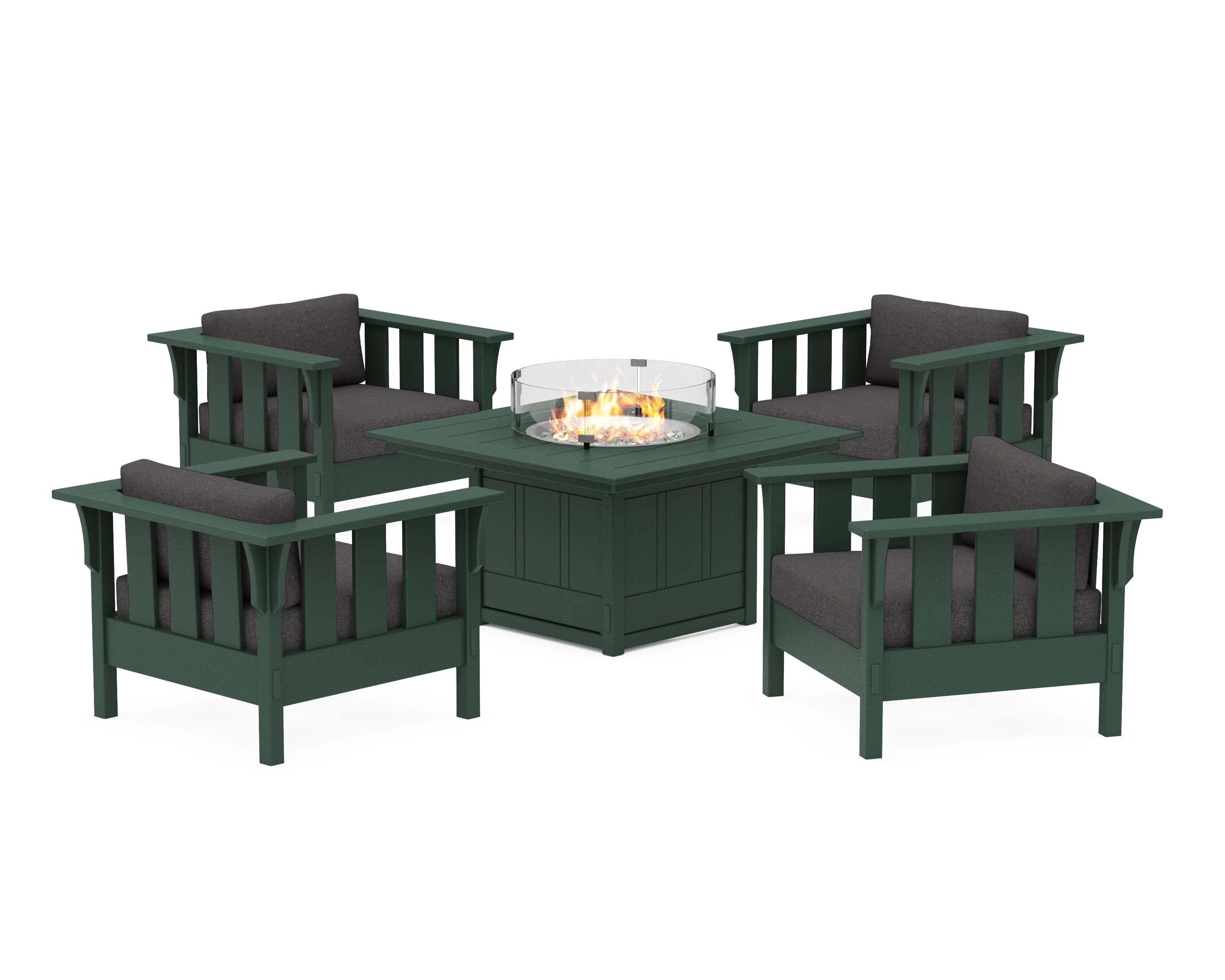 Martha Stewart by POLYWOOD® Acadia 5-Piece Deep Seating Set with Fire Pit Table in Green / Ash Charcoal