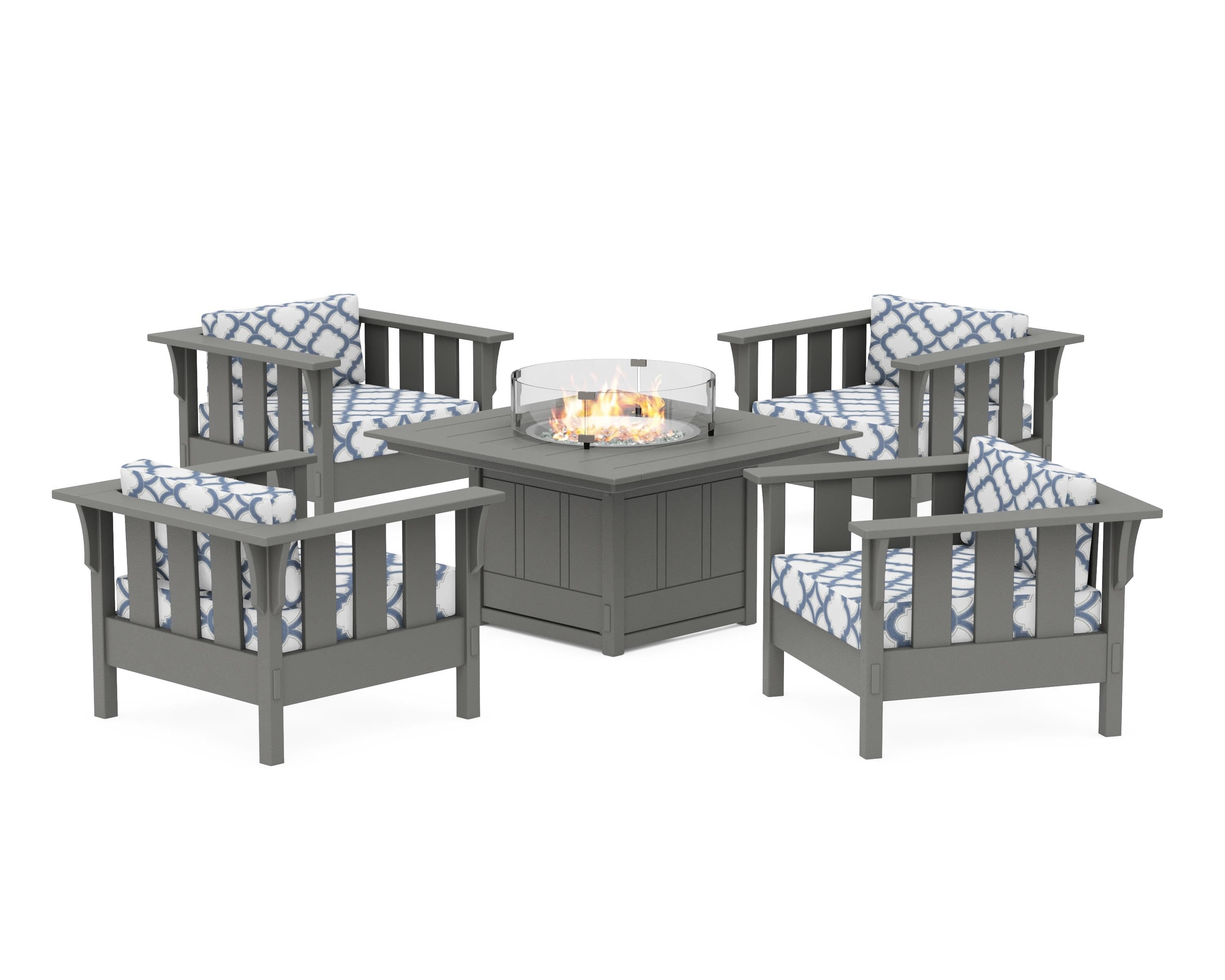 Martha Stewart by POLYWOOD® Acadia 5-Piece Deep Seating Set with Fire Pit Table in Slate Grey / Trellis Sky Blue