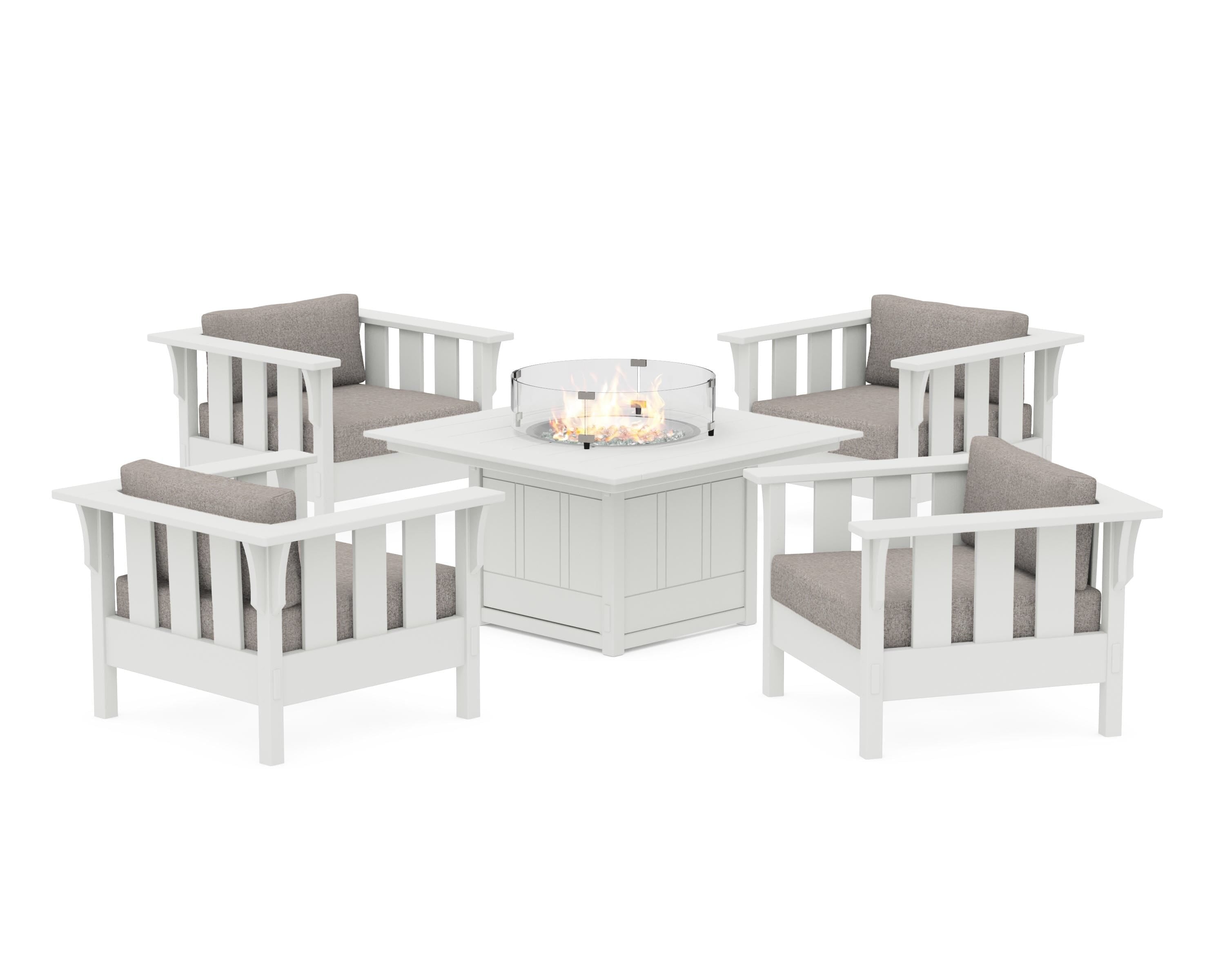 Martha Stewart by POLYWOOD® Acadia 5-Piece Deep Seating Set with Fire Pit Table in White / Weathered Tweed