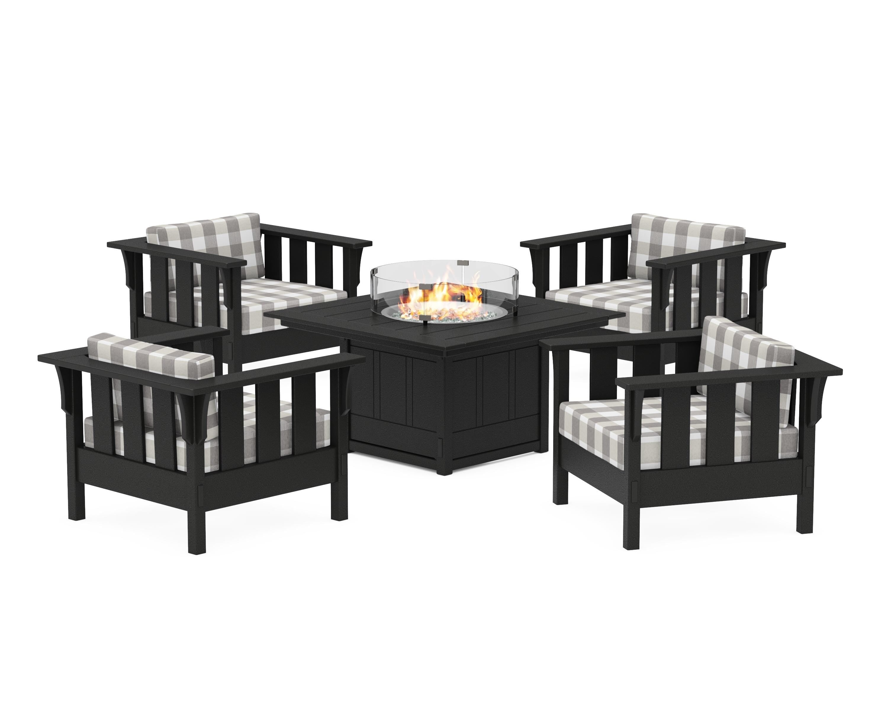 Martha Stewart by POLYWOOD® Acadia 5-Piece Deep Seating Set with Fire Pit Table in Black / Buffalo Plaid Grey Mist