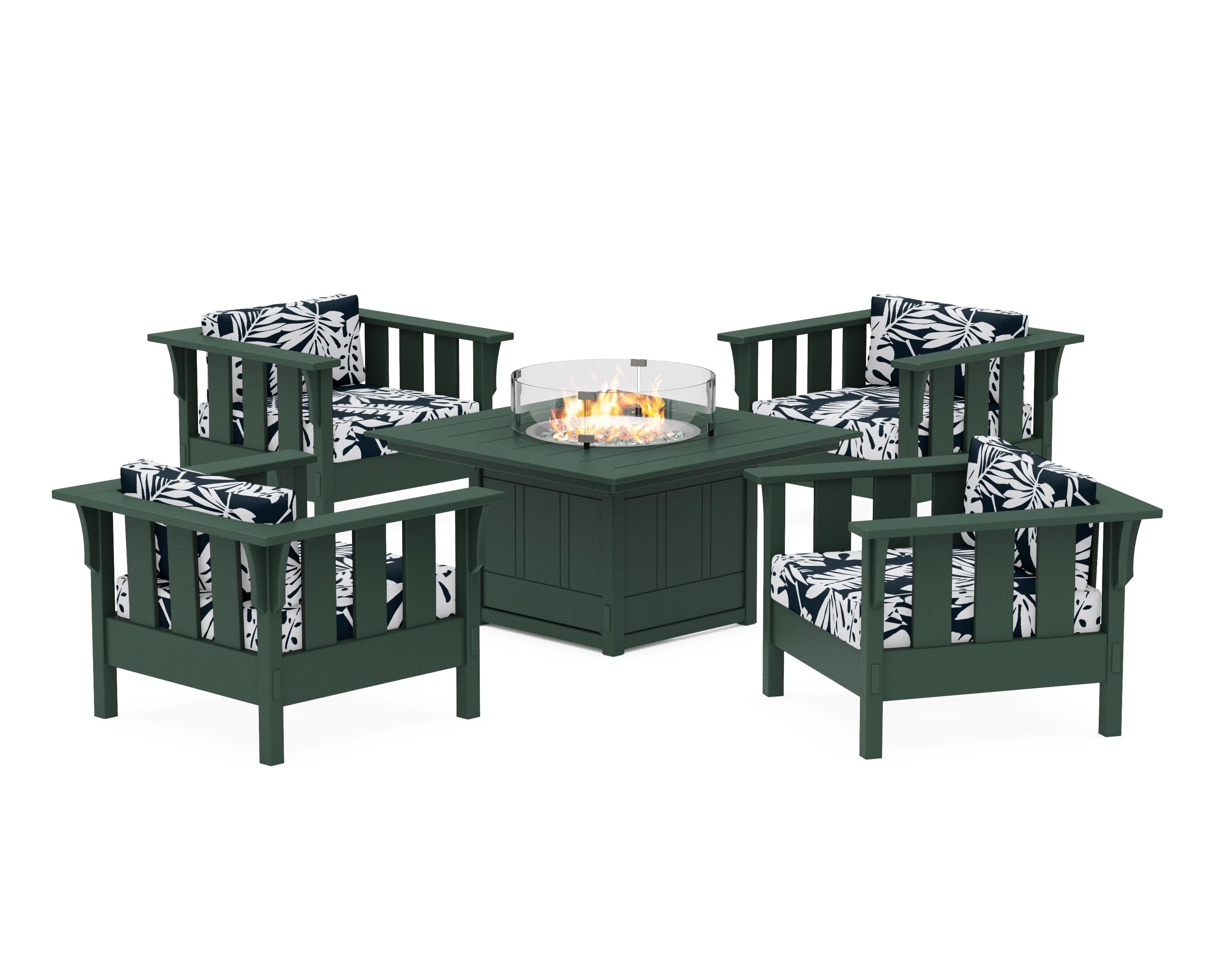 Martha Stewart by POLYWOOD® Acadia 5-Piece Deep Seating Set with Fire Pit Table in Green / Leaf Marine Indigo