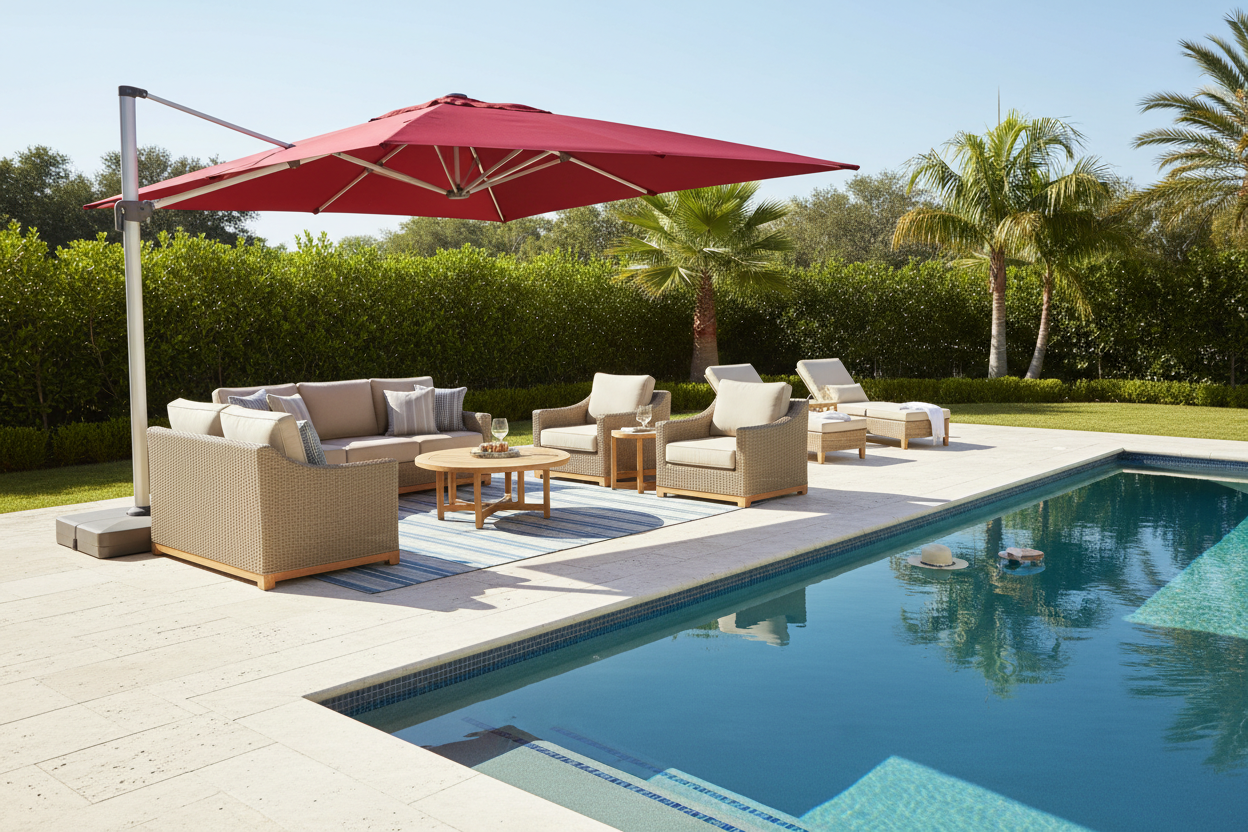 A red high-end patio umbrella shading a poolside patio