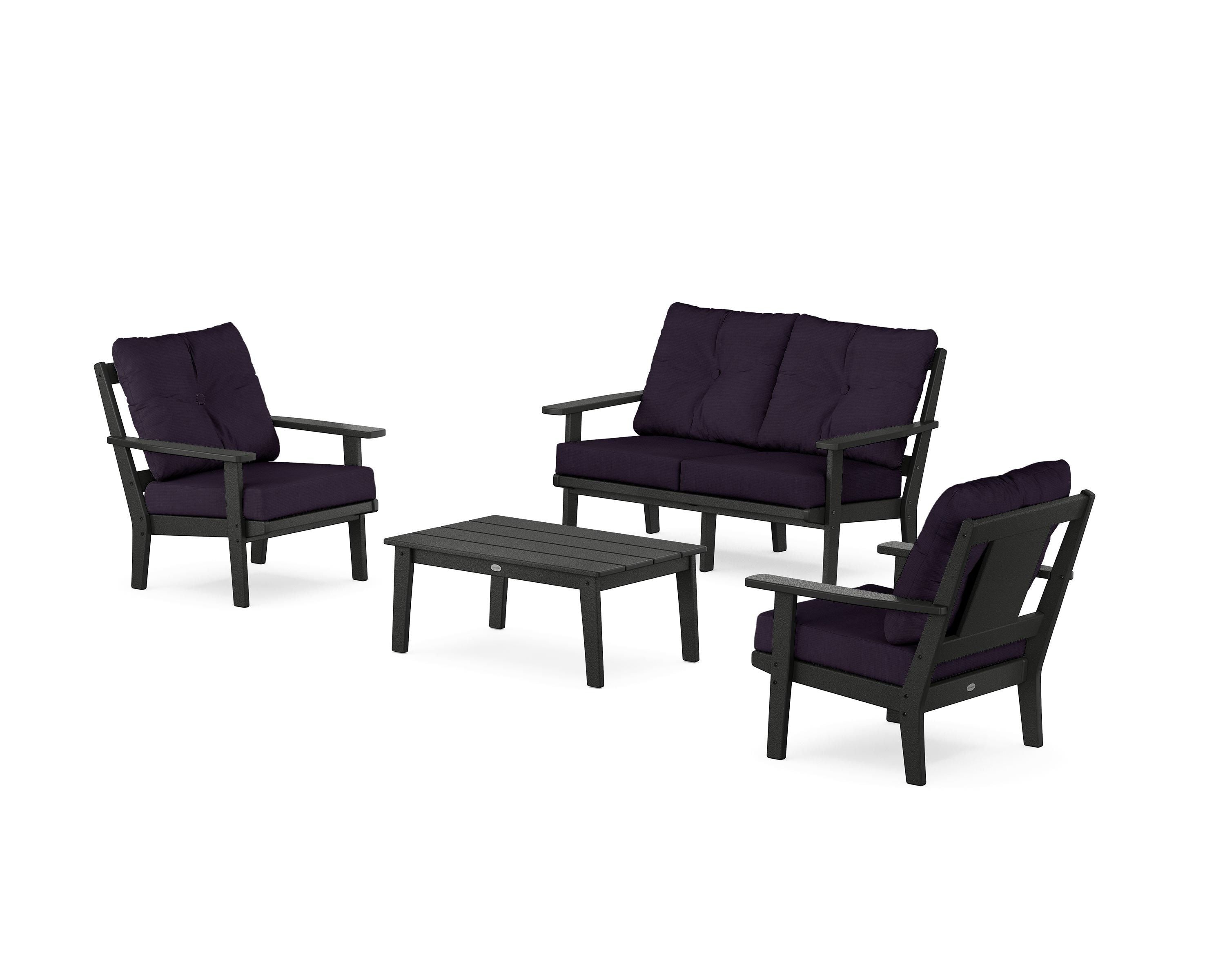 POLYWOOD® Prairie 4-Piece Deep Seating Set with Loveseat in Black / Navy Linen