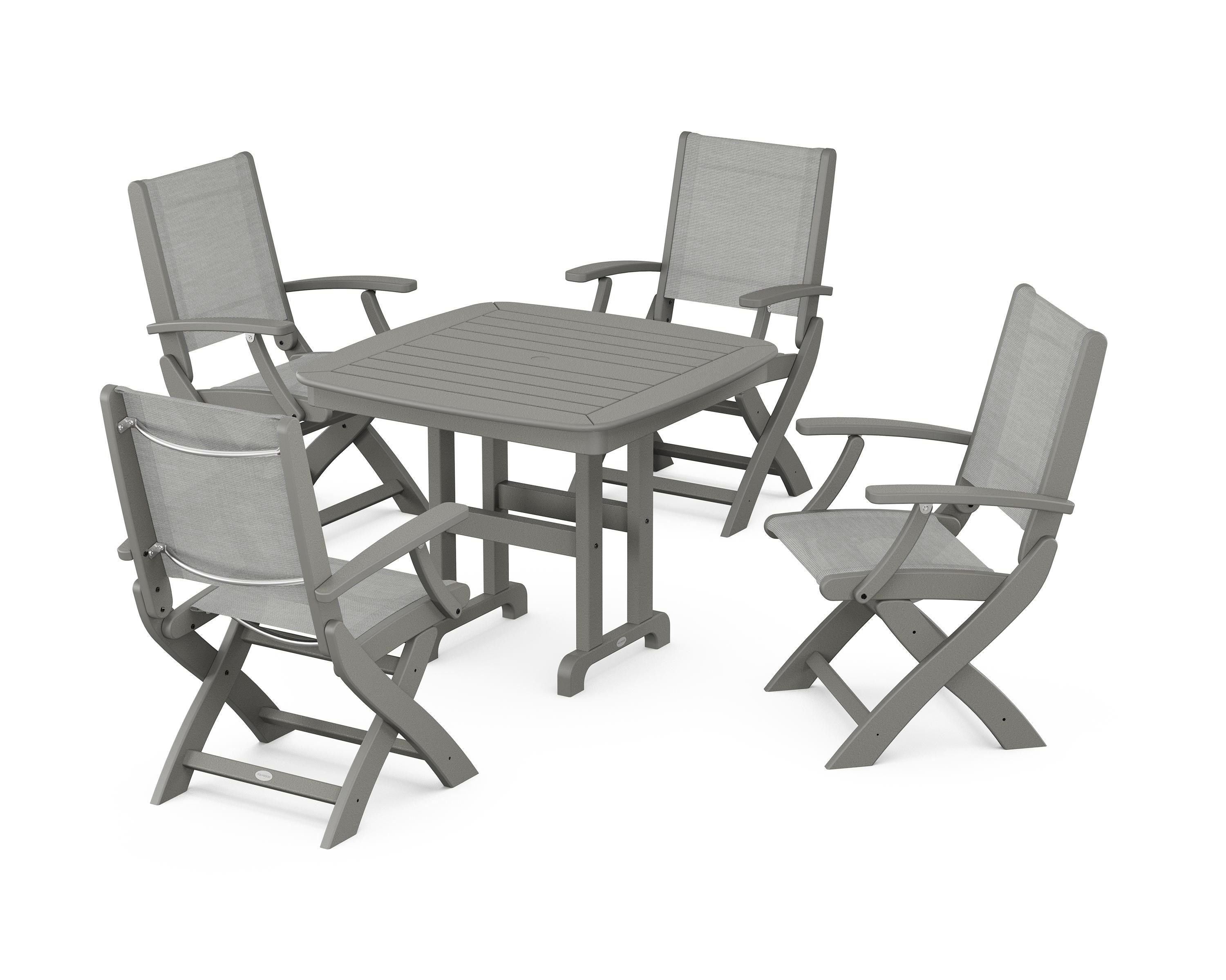 POLYWOOD® Coastal Folding Chair 5-Piece Dining Set in Slate Grey / Metallic Sling