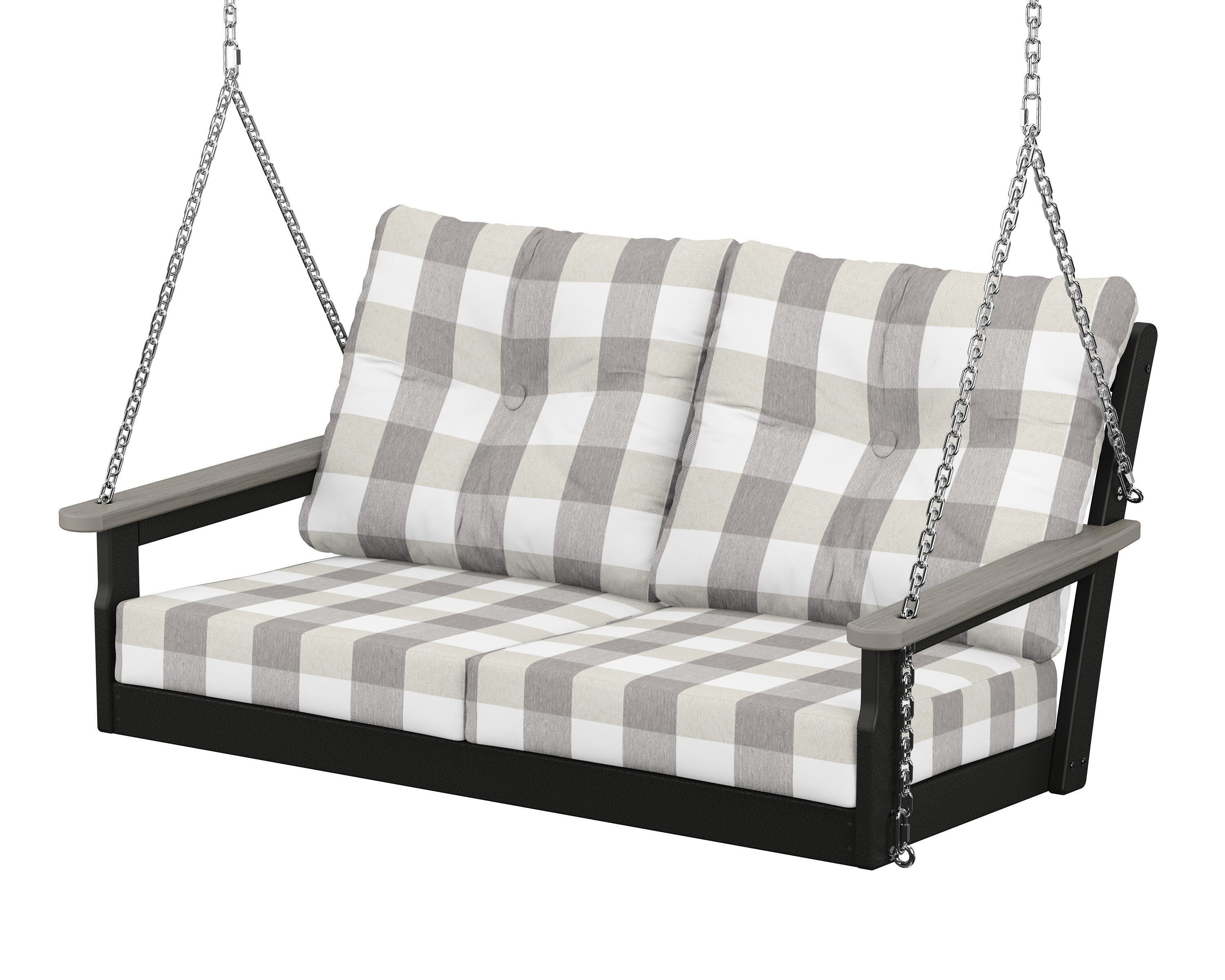 POLYWOOD® Vineyard Deep Seating Swing in Black / Driftwood / Buffalo Plaid Grey Mist