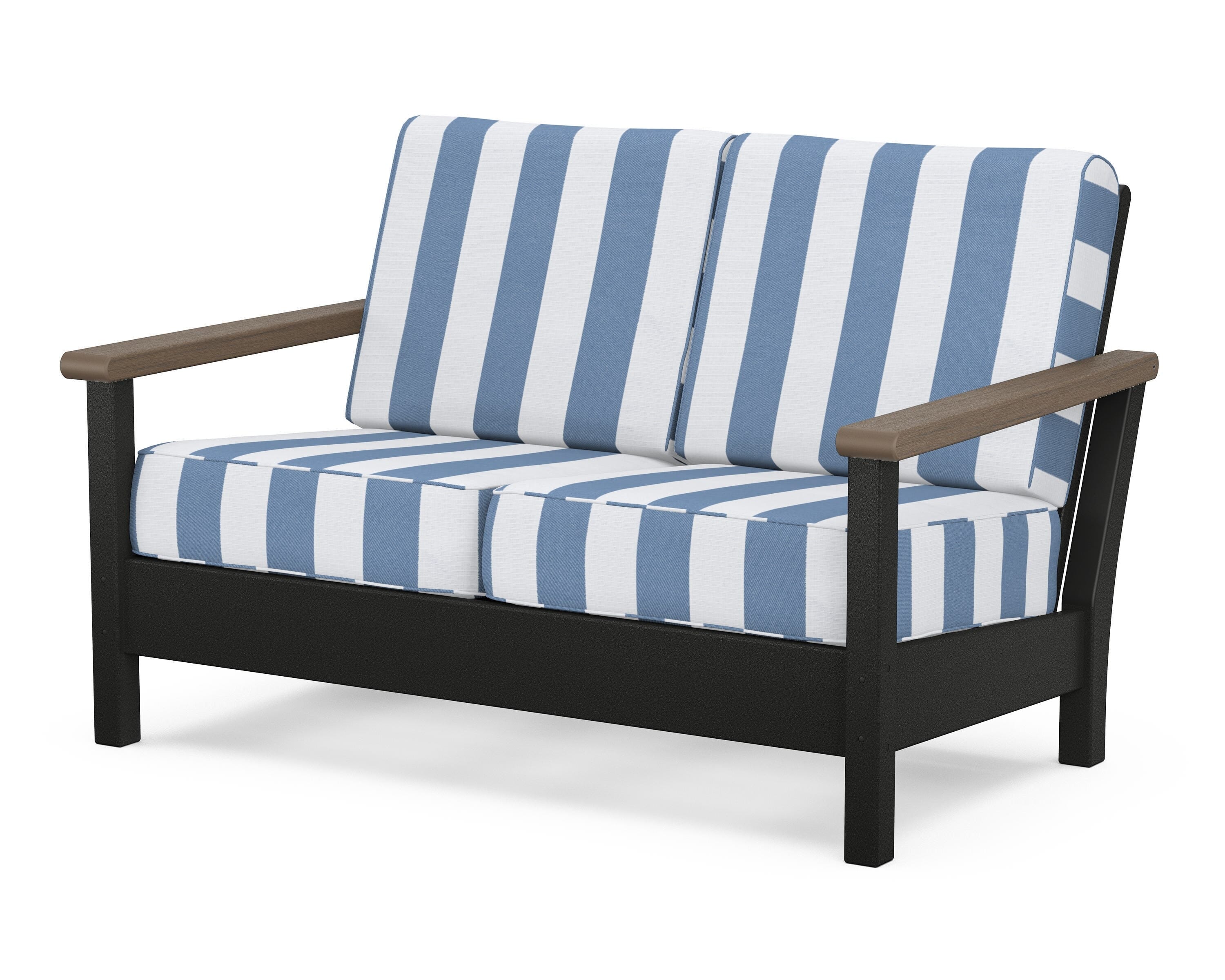 POLYWOOD® Harbour Deep Seating Loveseat in Black / Kona / Cabana Stripe Sky Blue