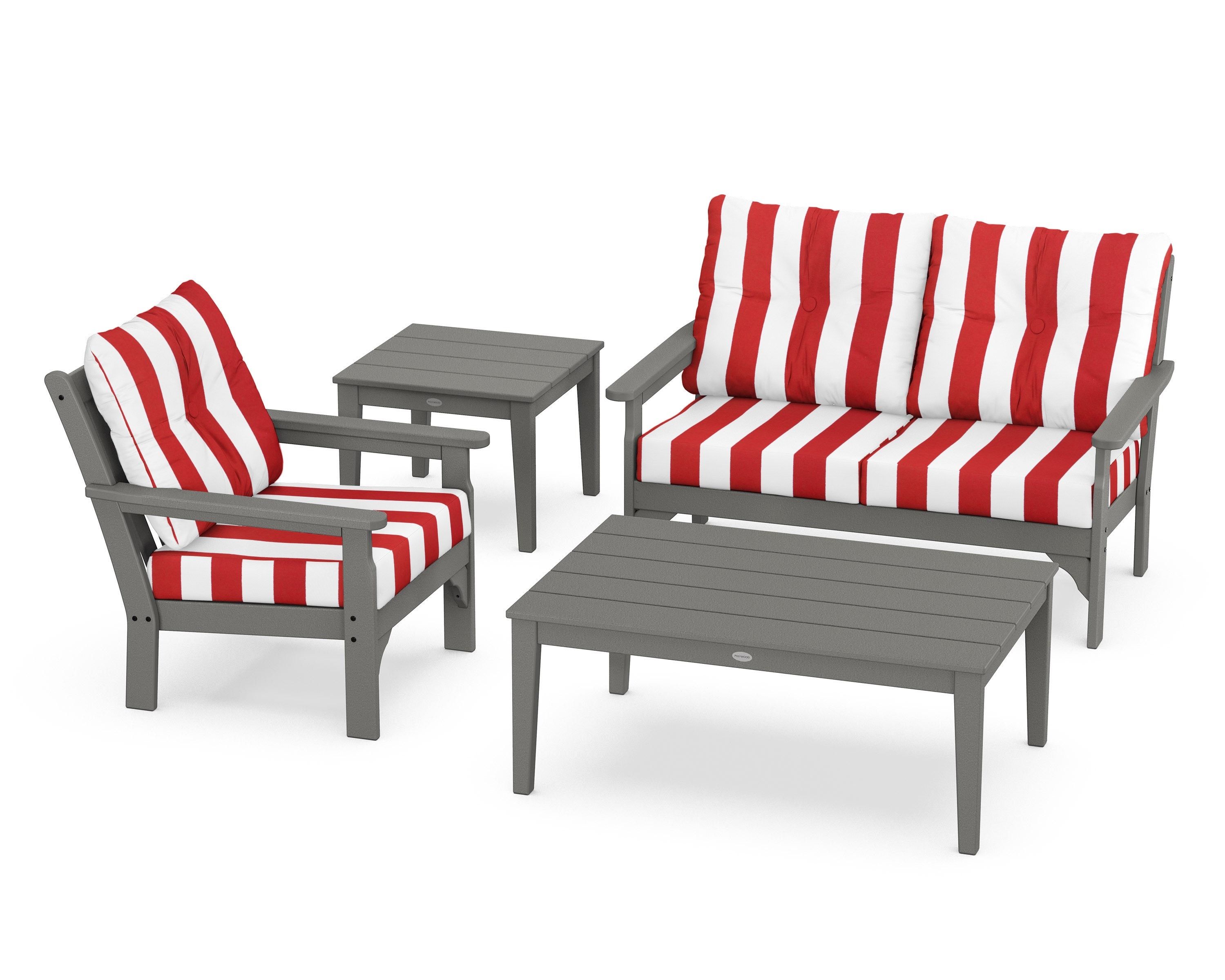 POLYWOOD® Vineyard 4-Piece Deep Seating Set in Slate Grey / Cabana Stripe Crimson