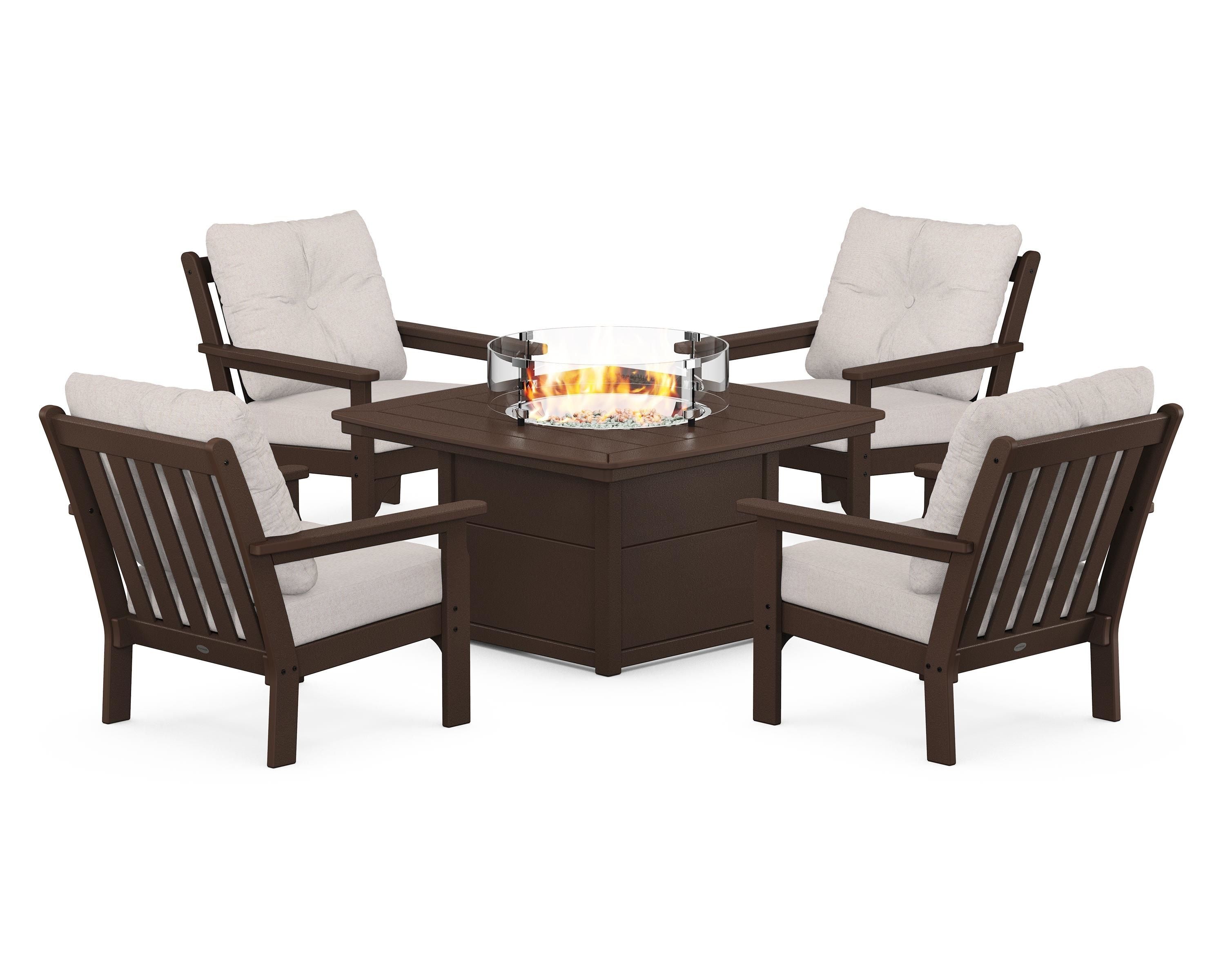 POLYWOOD® Vineyard 5-Piece Conversation Set with Fire Pit Table in Mahogany / Dune Burlap