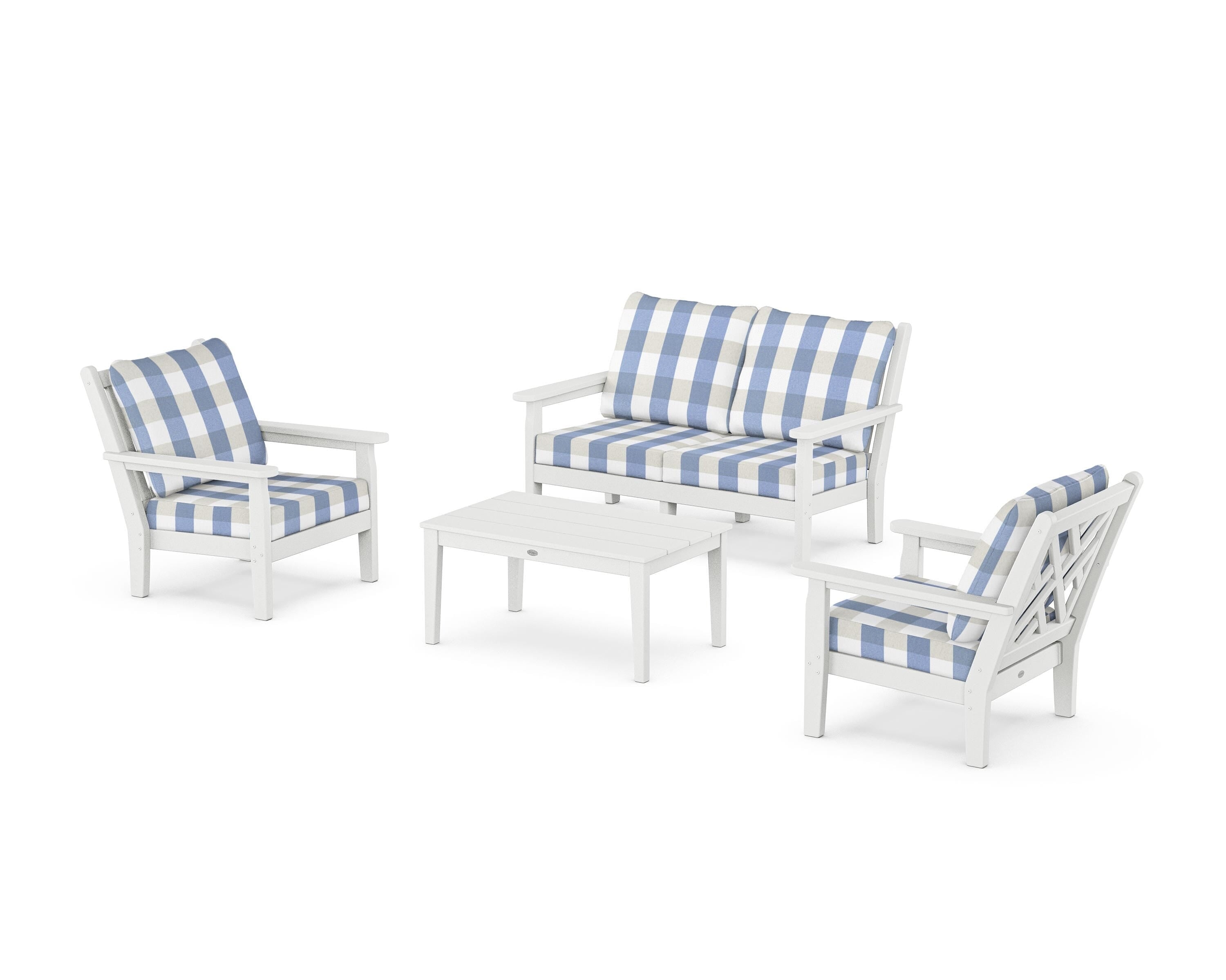 POLYWOOD® Chippendale 4-Piece Deep Seating Set with Loveseat in White / Buffalo Plaid Sky Blue
