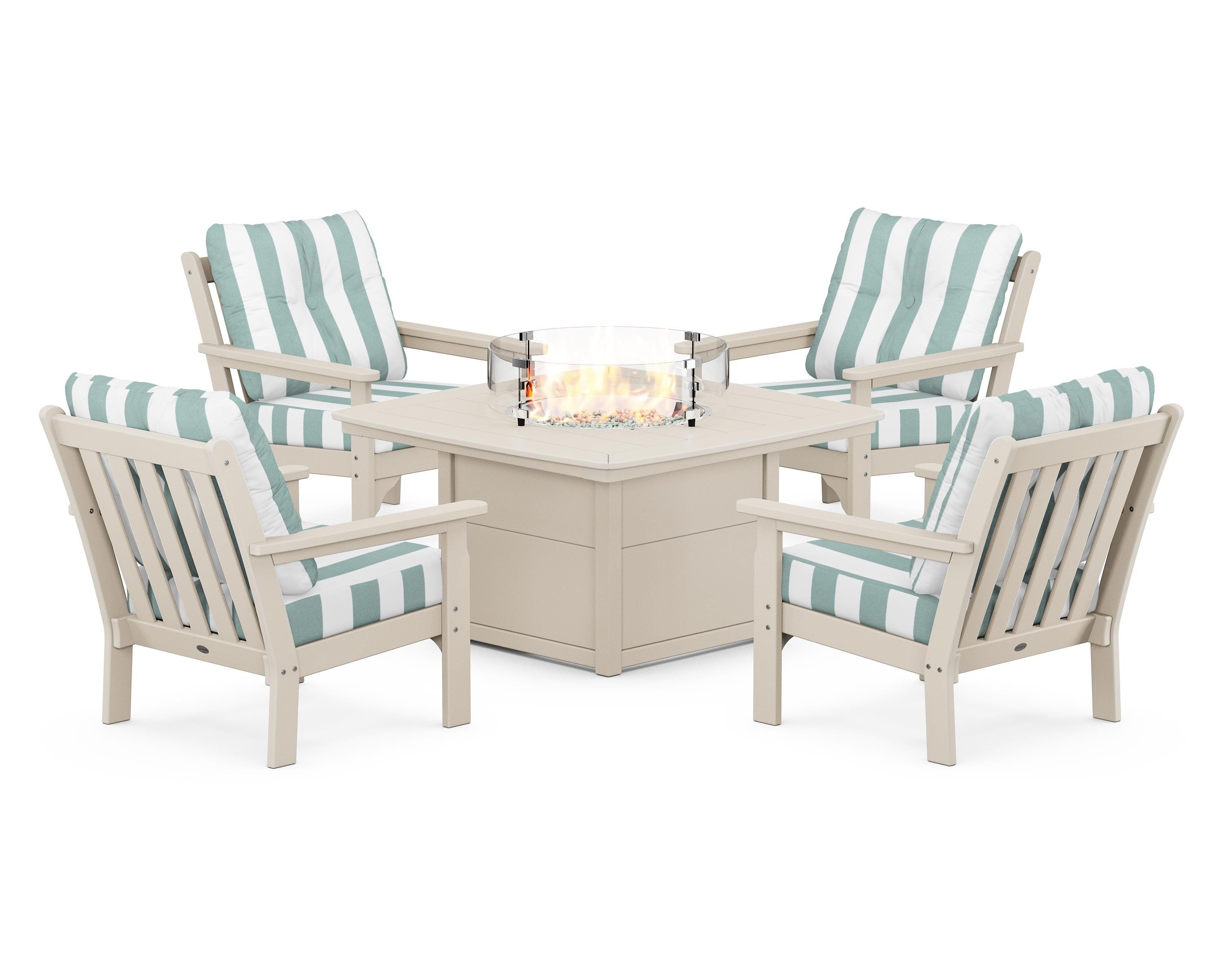 POLYWOOD® Vineyard 5-Piece Conversation Set with Fire Pit Table in Sand / Cabana Stripe Glacier Spa