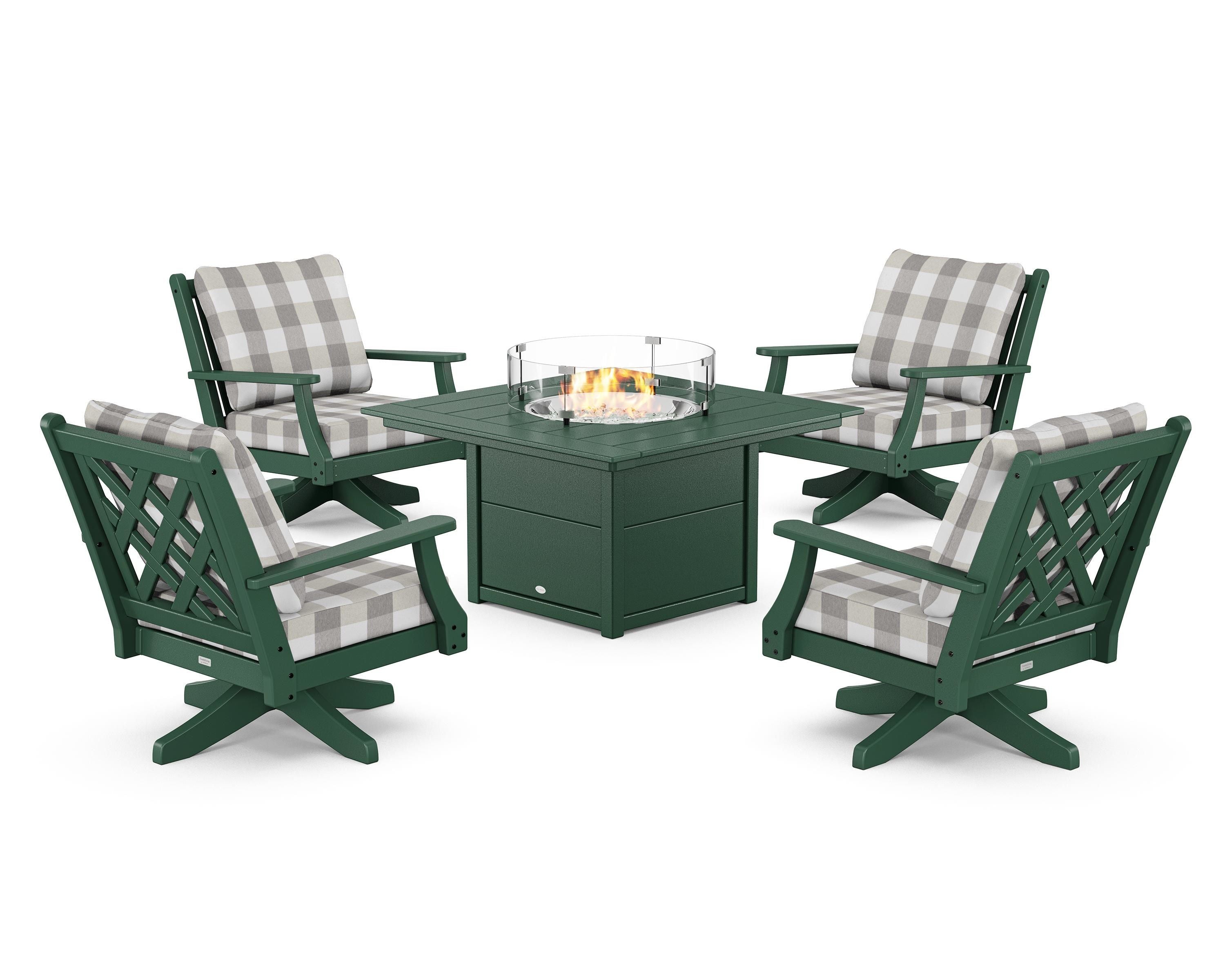 Country Living Wovendale 5-Piece Deep Seating Swivel Conversation Set with Fire Pit Table in Green / Buffalo Plaid Grey Mist