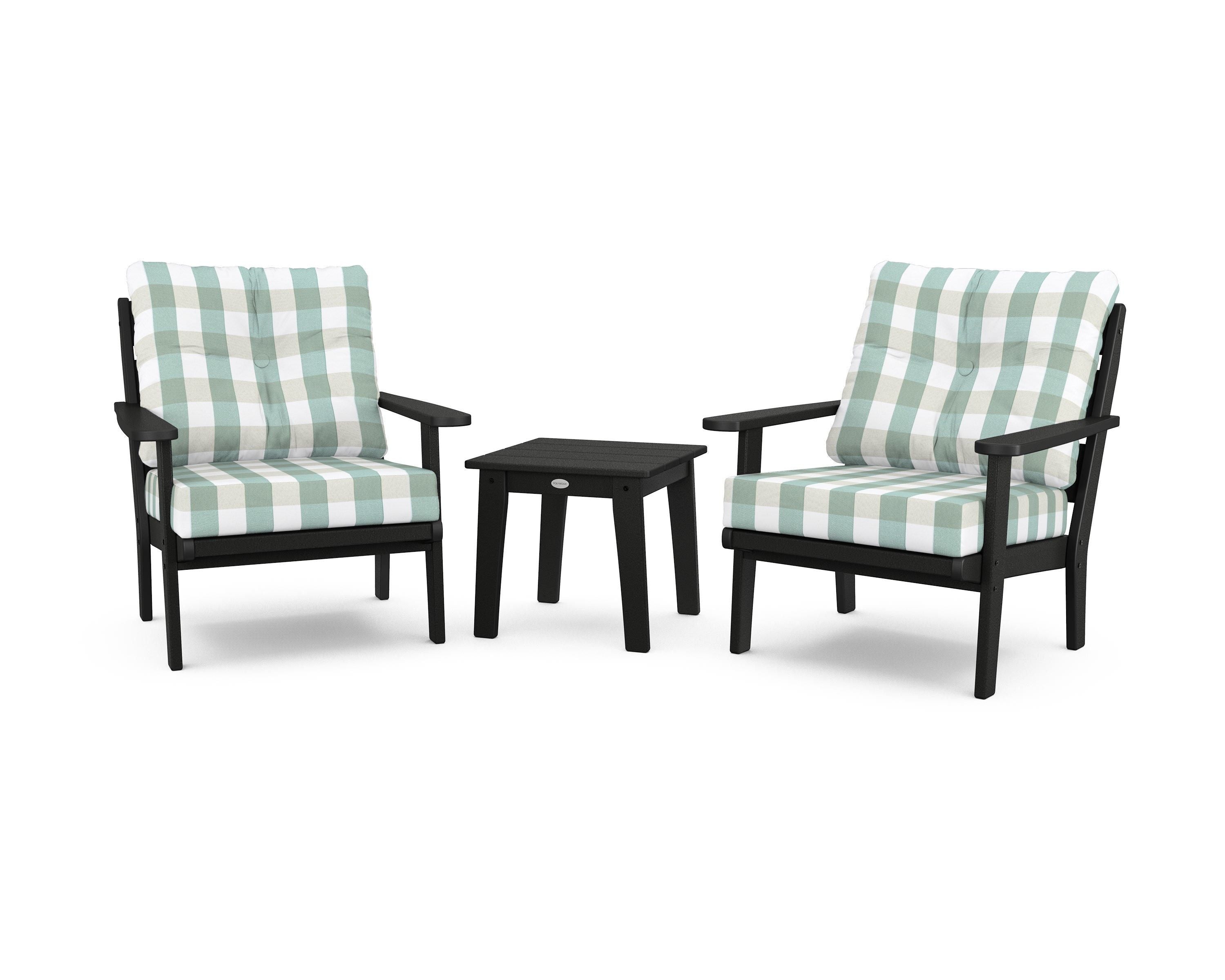 POLYWOOD® Lakeside 3-Piece Deep Seating Chair Set in Black / Buffalo Plaid Glacier Spa