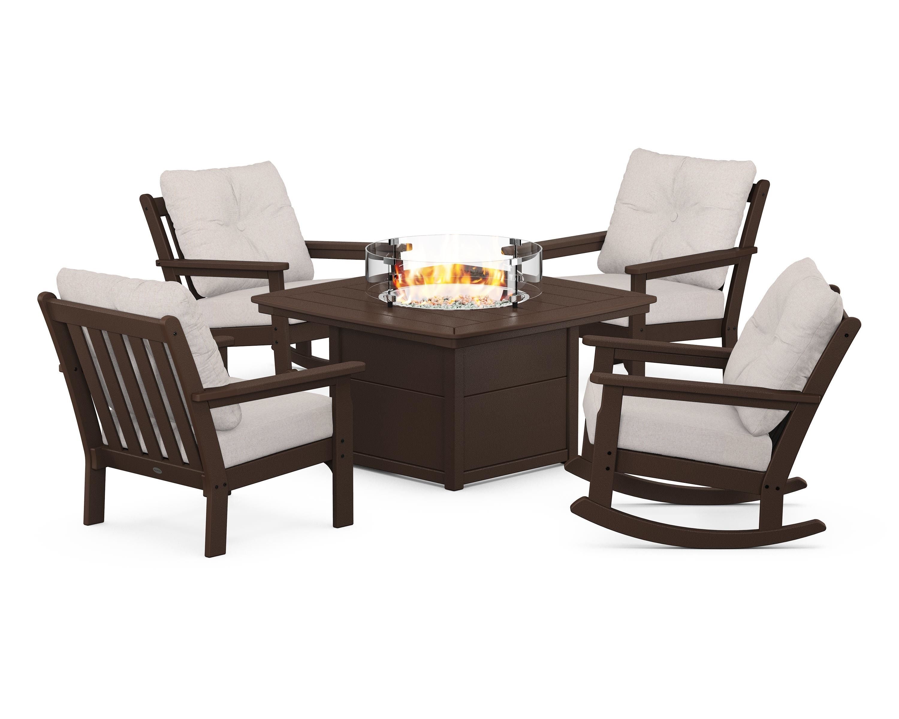POLYWOOD® Vineyard 5-Piece Deep Seating Rocking Chair Conversation Set with Fire Pit Table in Mahogany / Dune Burlap