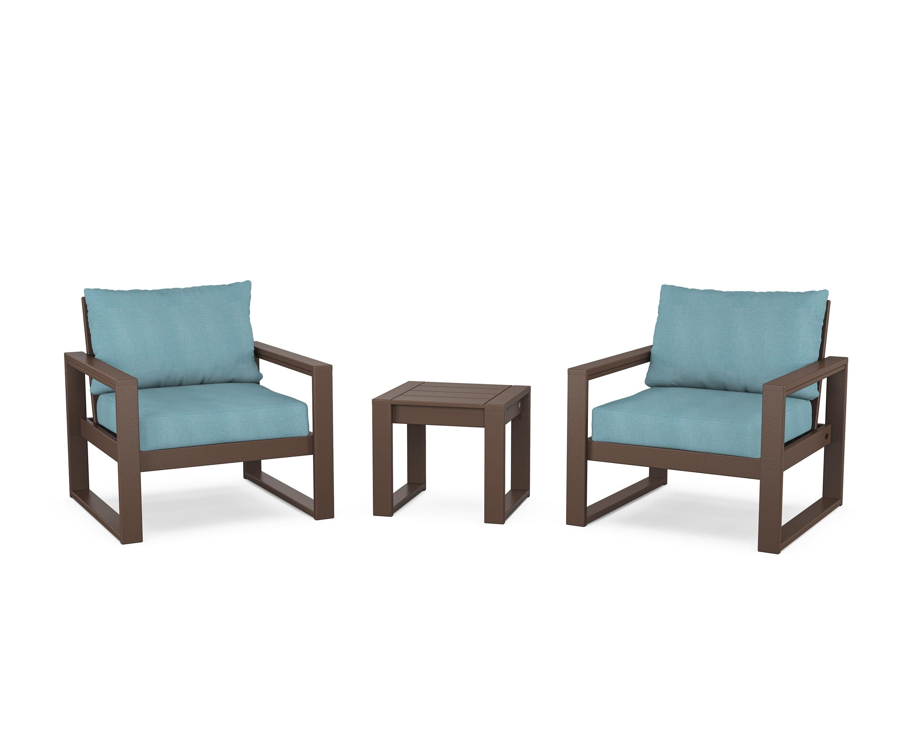 POLYWOOD® EDGE Sectional 3-Piece Deep Seating Set in Mahogany / Lattice Sky Blue