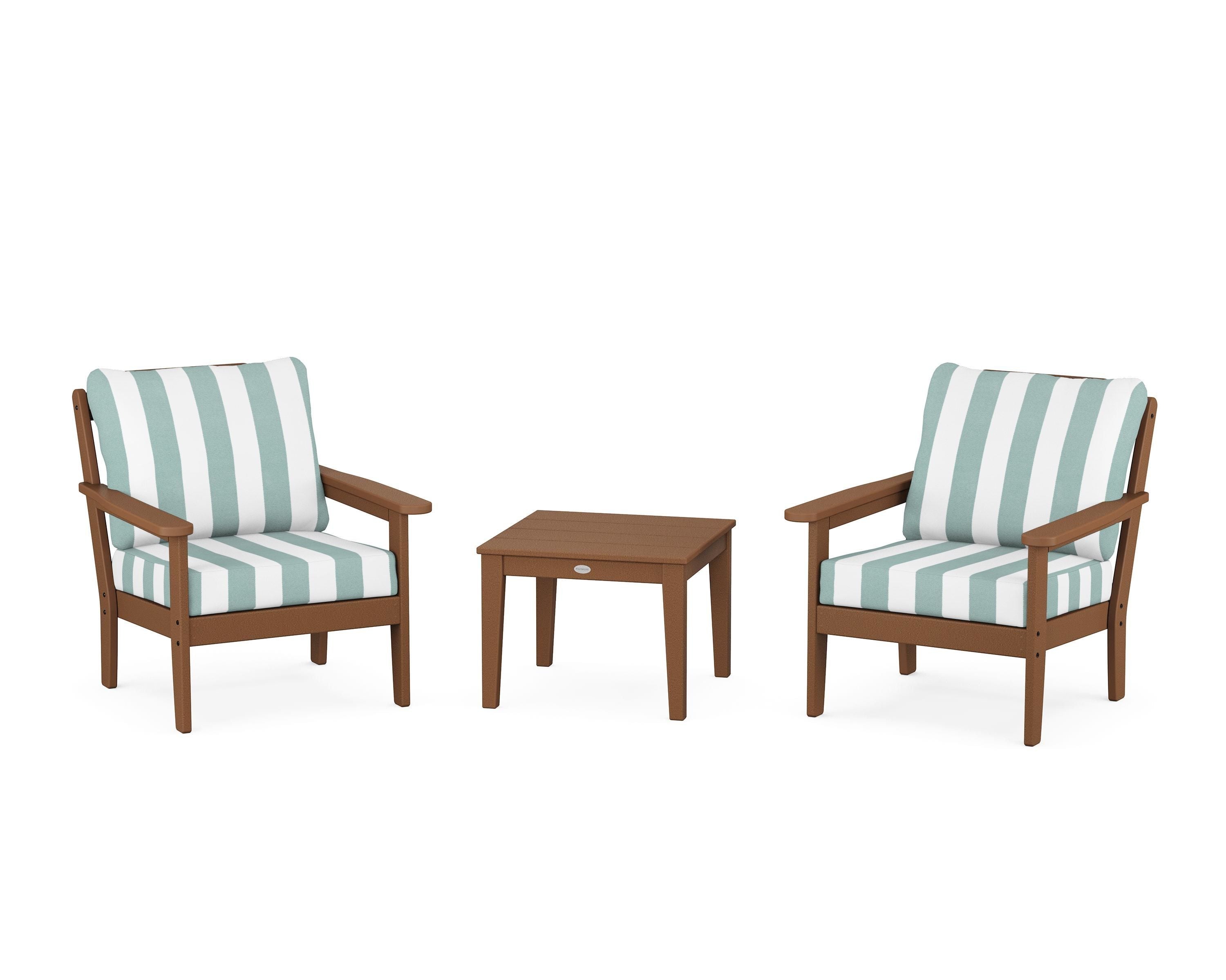 Country Living Cottage 3-Piece Deep Seating Set in Teak / Cabana Stripe Glacier Spa