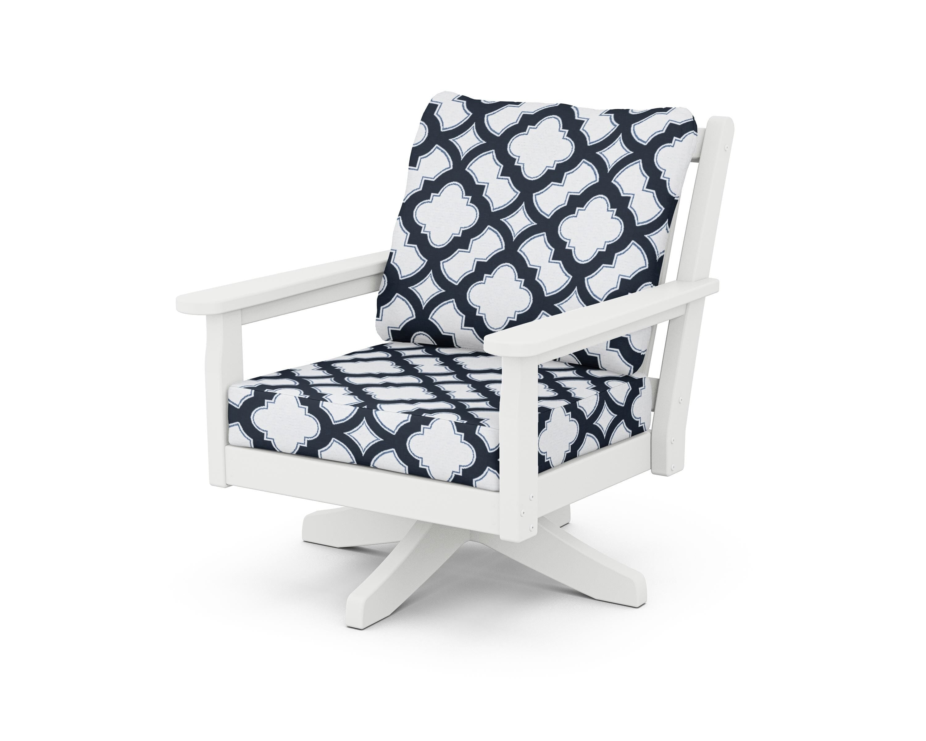 POLYWOOD® Chippendale Deep Seating Swivel Chair in White / Trellis Marine Indigo