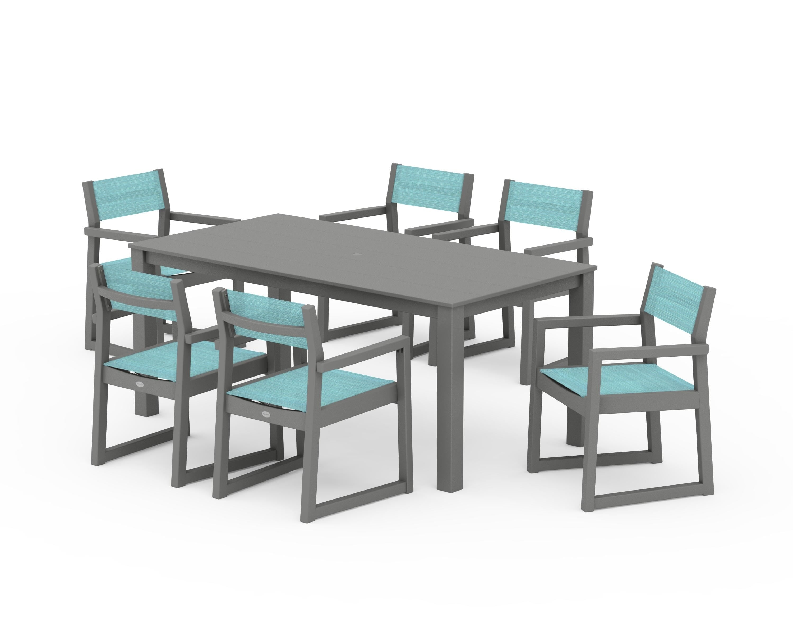 POLYWOOD® EDGE Sling Arm Chair 7-Piece Parsons Dining Set in Slate Grey / Dupioni Aquamarine Sling