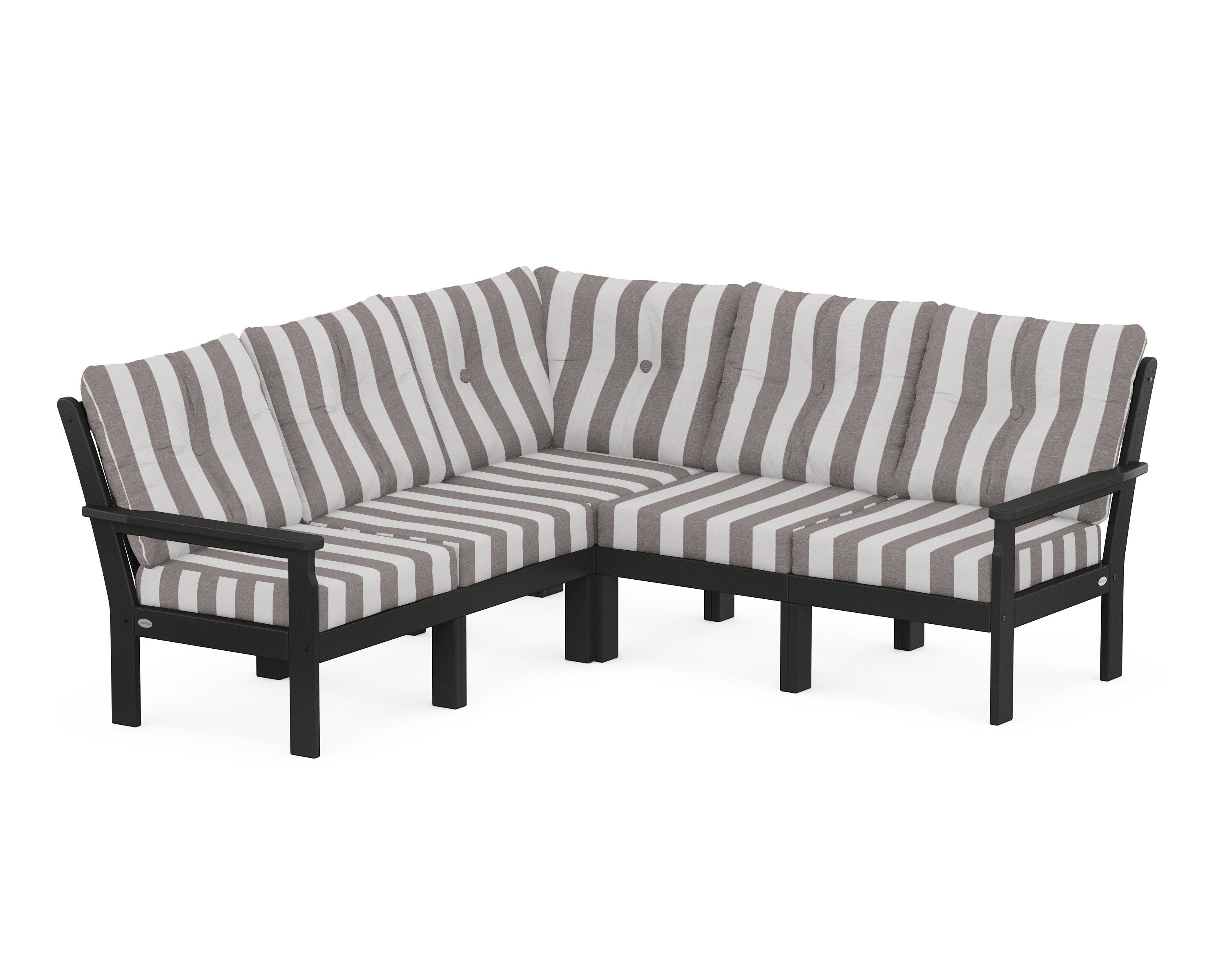 POLYWOOD® Vineyard 5-Piece Sectional in Black / Cabana Stripe Grey Mist