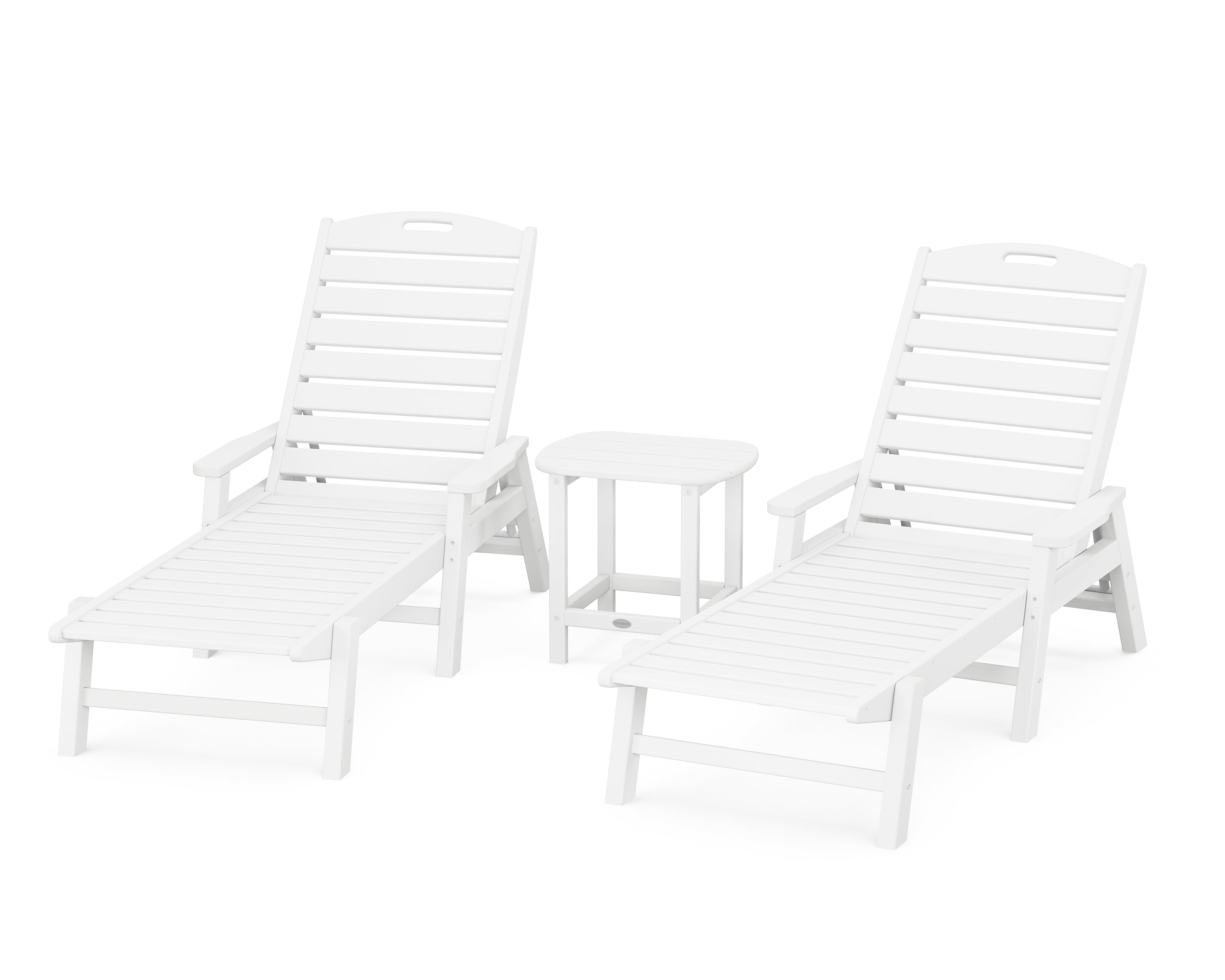 POLYWOOD® Nautical 3-Piece Chaise Lounge with Arms Set with South Beach 18" Side Table in White