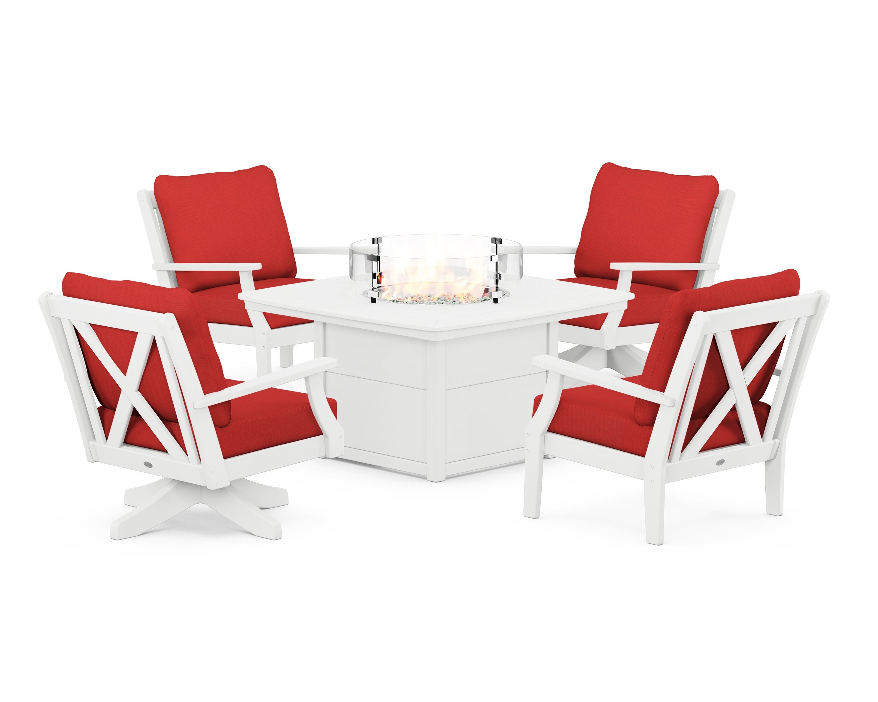 POLYWOOD® Braxton 5-Piece Deep Seating Set with Fire Table in White / Crimson Linen