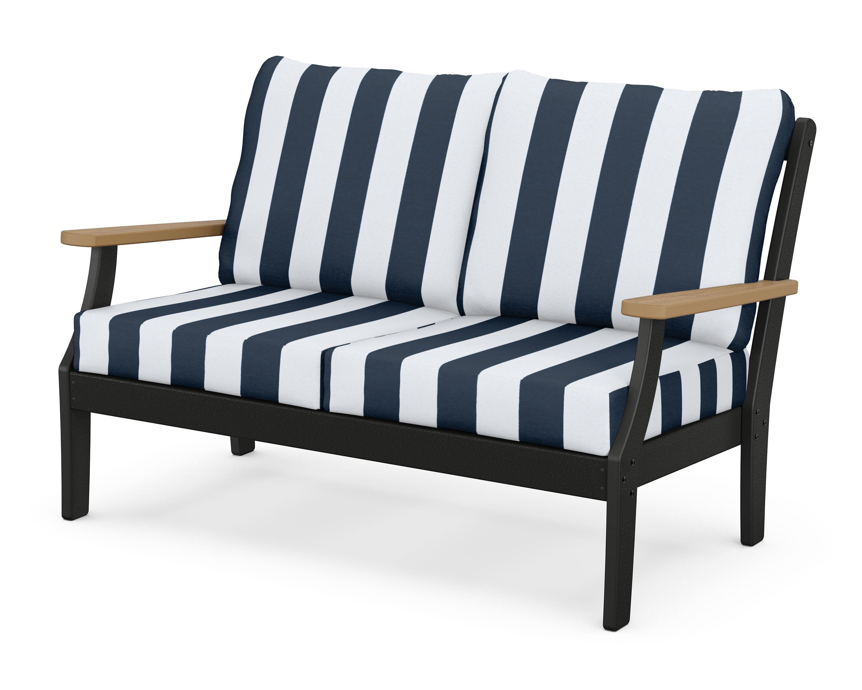 POLYWOOD® Braxton Deep Seating Loveseat in Black / Natural / Cabana Stripe Marine Indigo