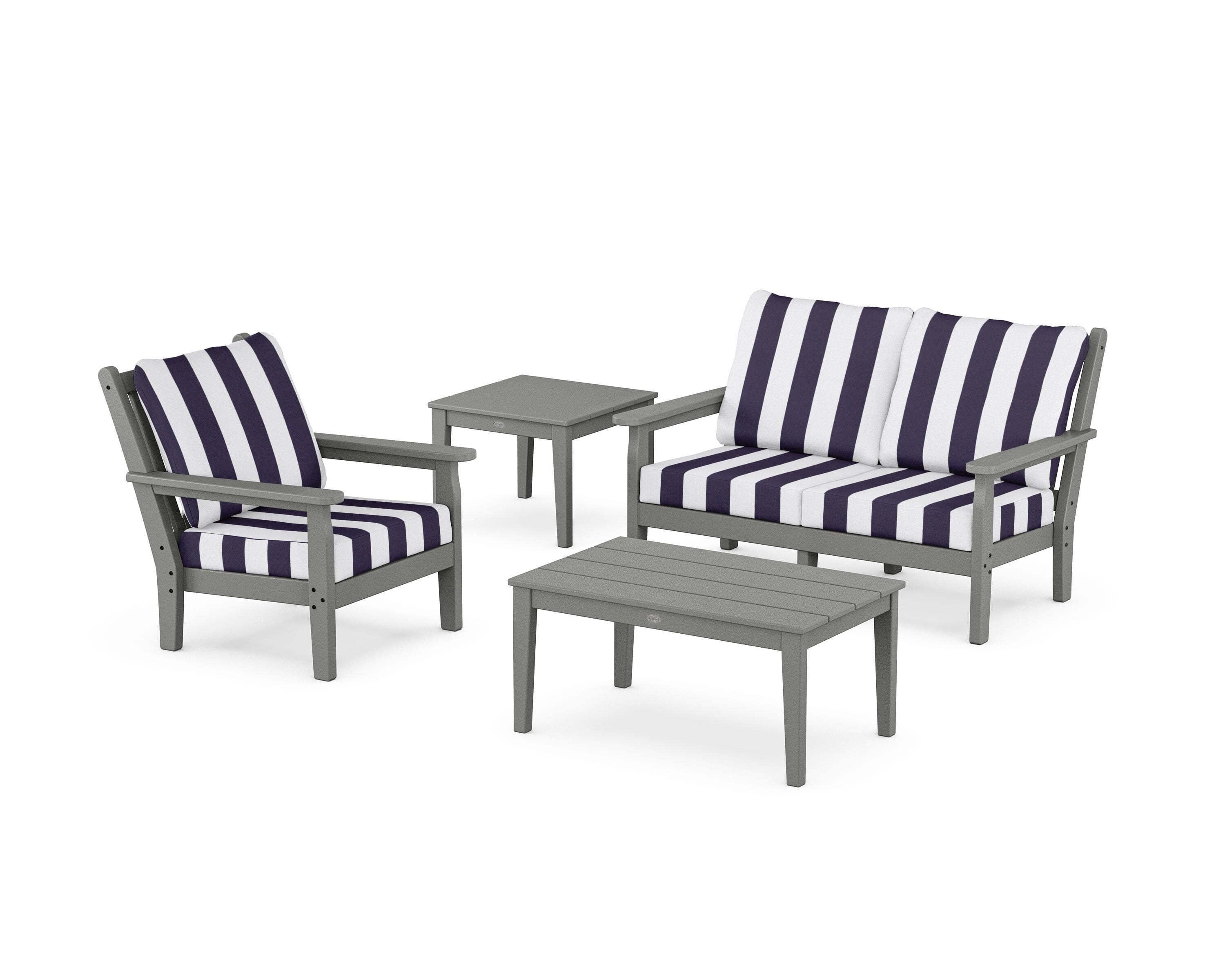 POLYWOOD® Chippendale 4-Piece Deep Seating Set in Slate Grey / Cabana Stripe Navy