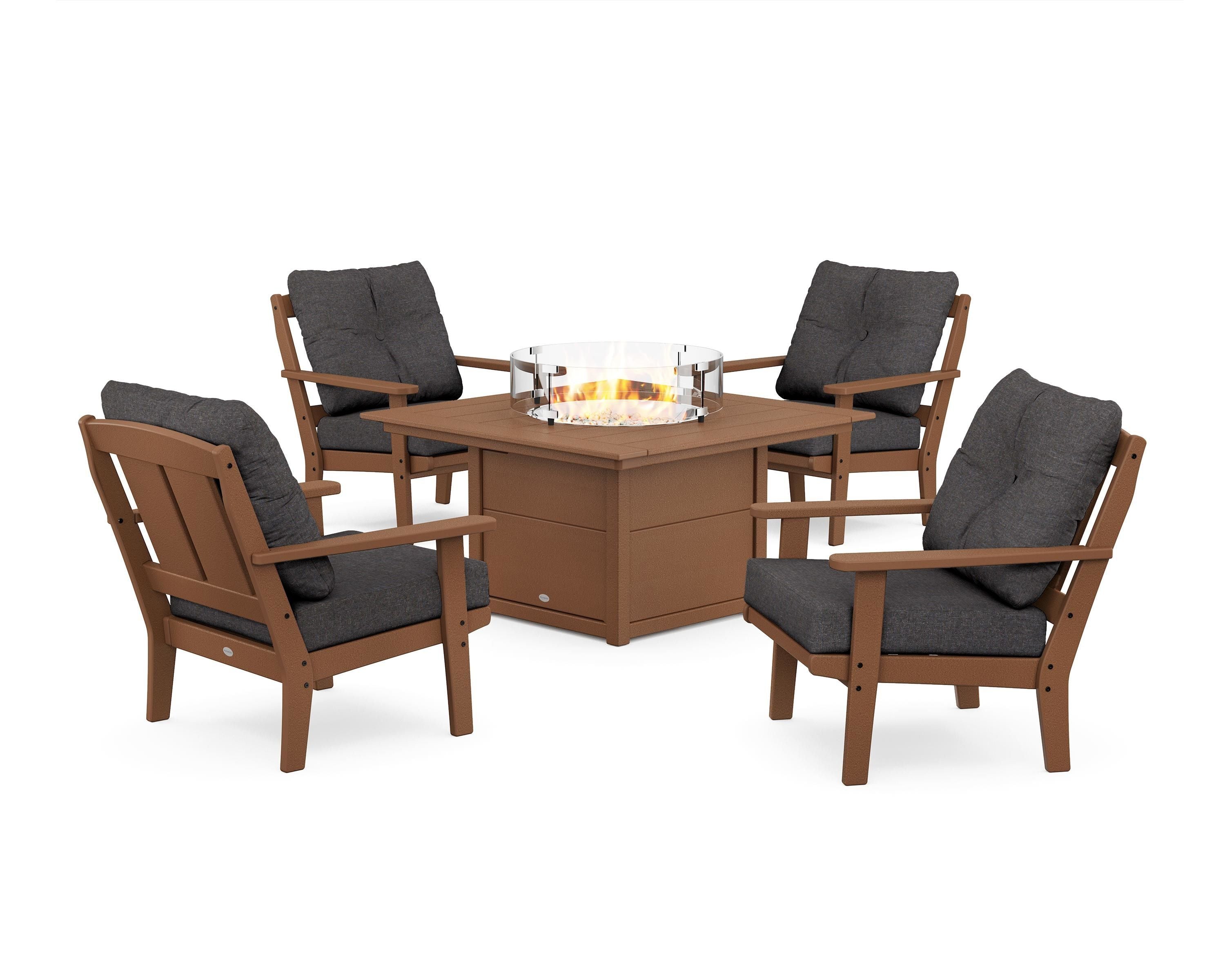 POLYWOOD® Mission 5-Piece Deep Seating Set with Fire Pit Table in Teak / Ash Charcoal
