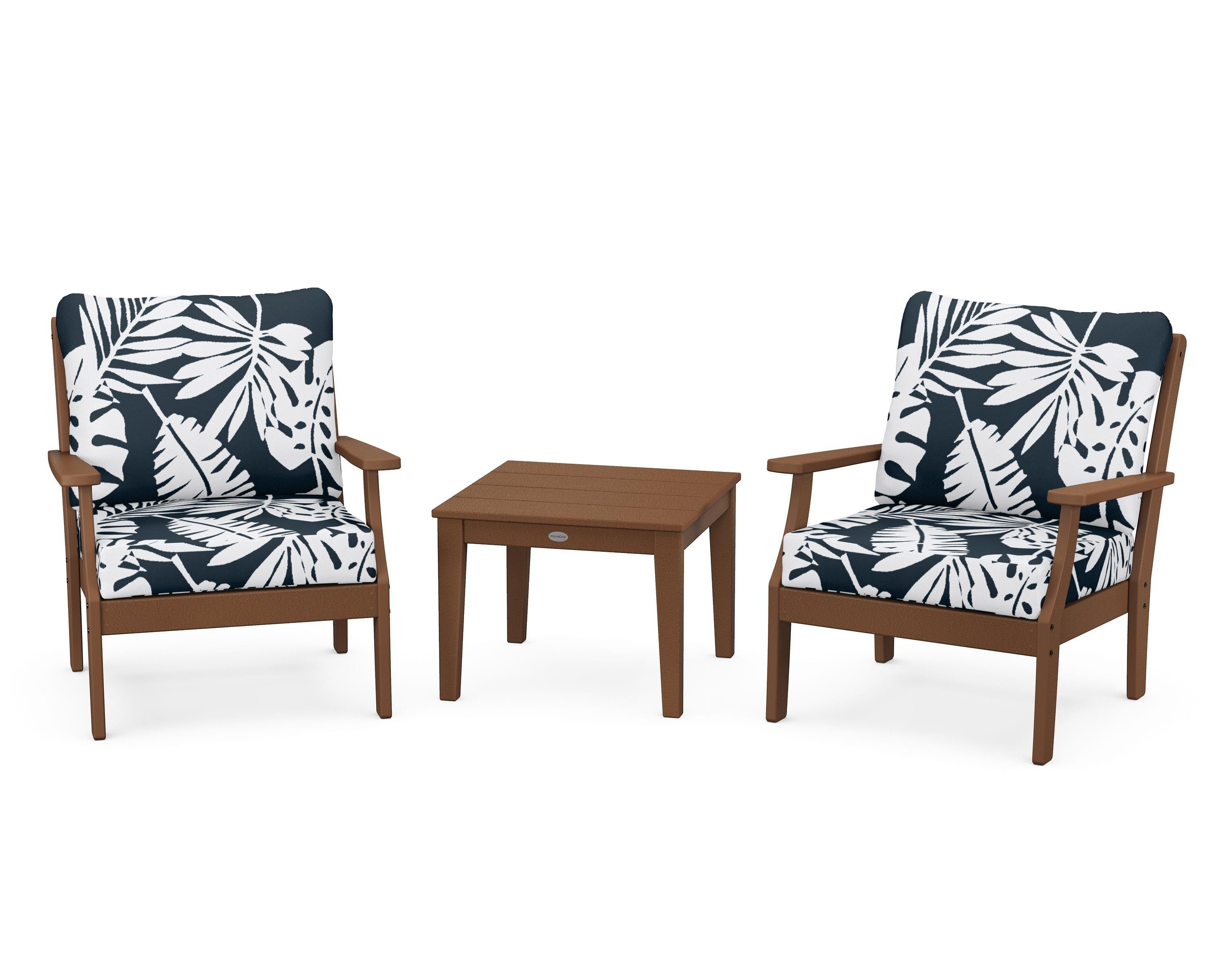 POLYWOOD® Braxton 3-Piece Deep Seating Set in Teak / Leaf Marine Indigo