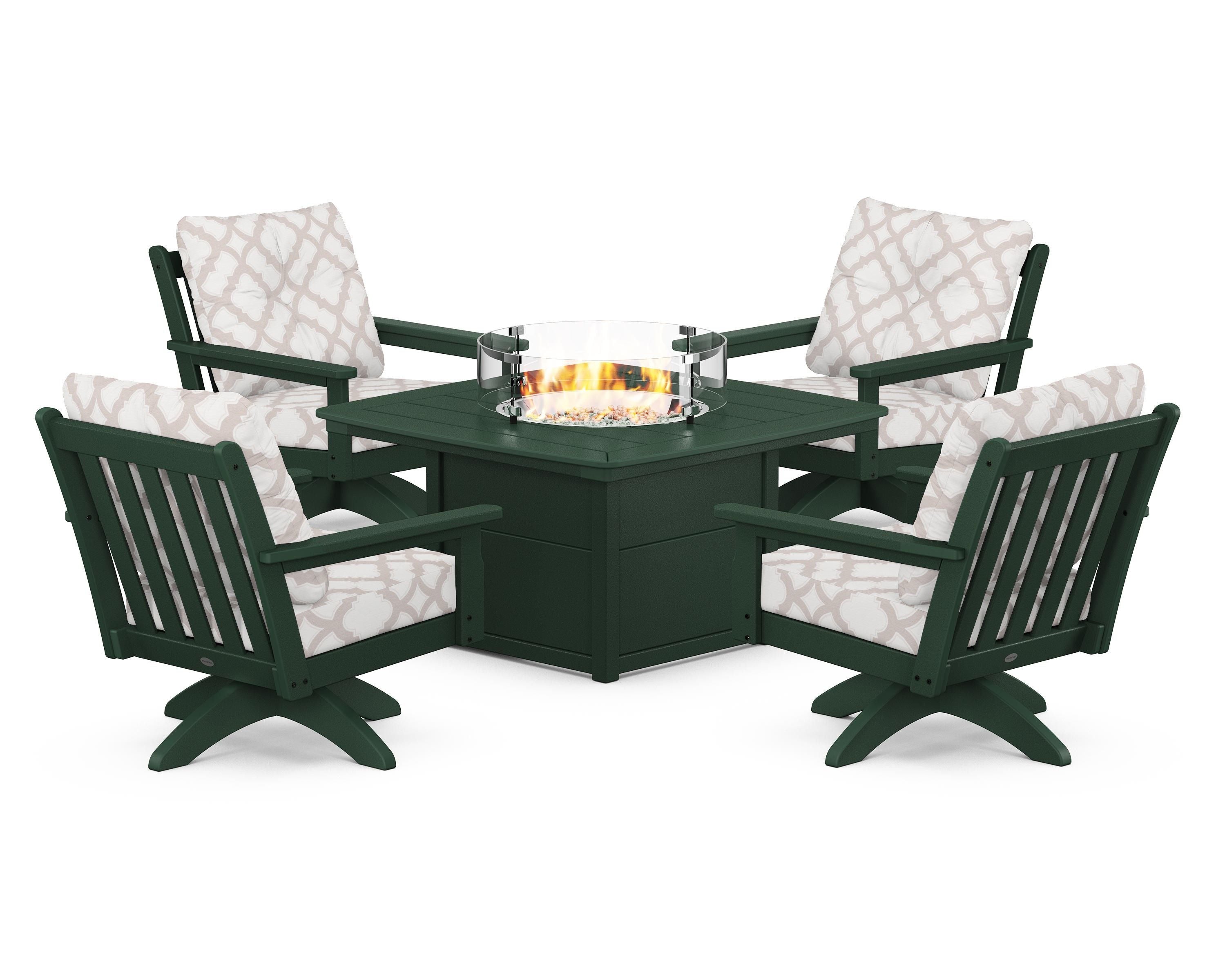 POLYWOOD® Vineyard 5-Piece Deep Seating Swivel Conversation Set with Fire Pit Table in Green / Trellis Dune Burlap