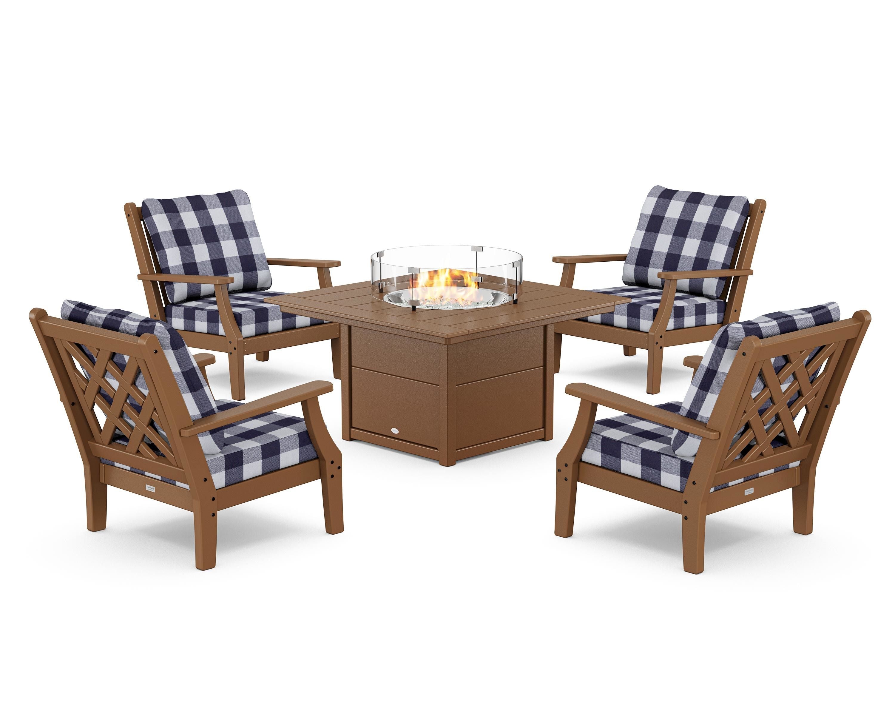 Country Living Wovendale 5-Piece Deep Seating Set with Fire Pit Table in Teak / Buffalo Plaid Navy