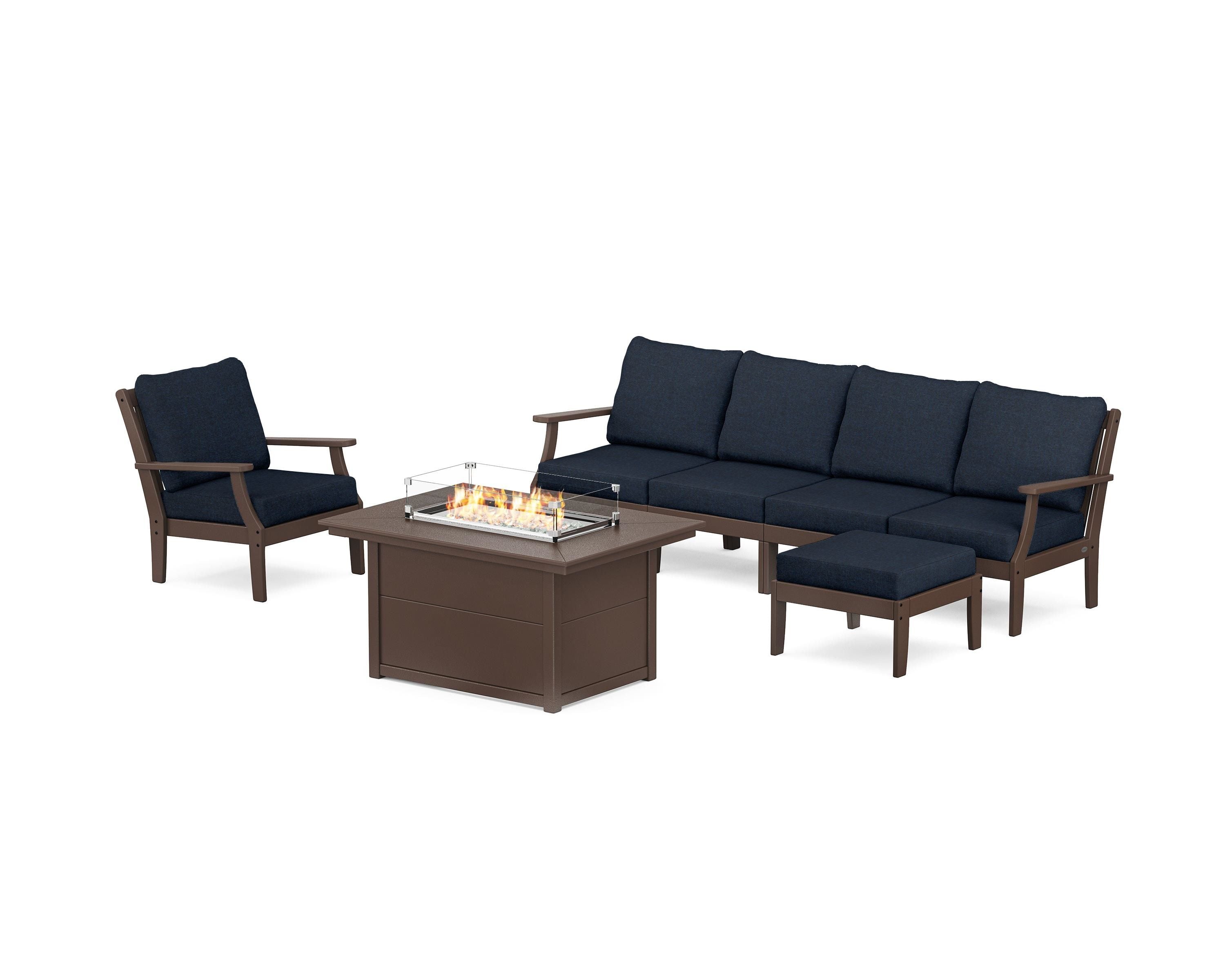 POLYWOOD® Braxton Sectional Lounge and Fire Pit Set in Mahogany / Marine Indigo