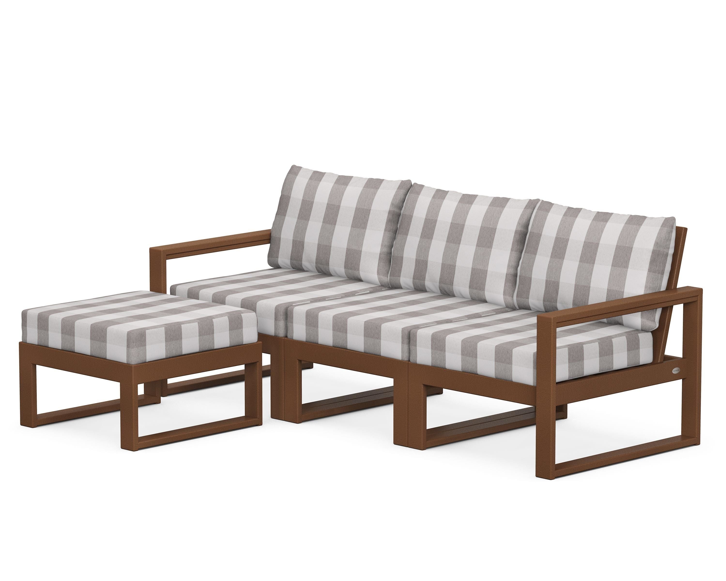 POLYWOOD® EDGE 4-Piece Modular Deep Seating Set with Ottoman in Teak / Buffalo Plaid Grey Mist