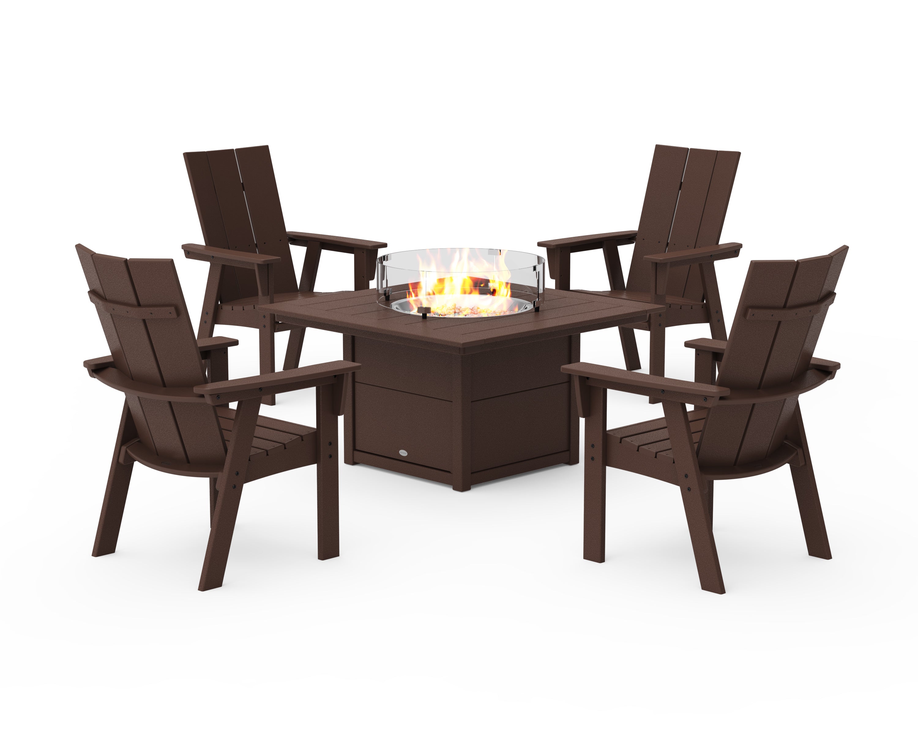 POLYWOOD® Modern 4-Piece Curveback Upright Adirondack Conversation Set with Fire Pit Table in Mahogany