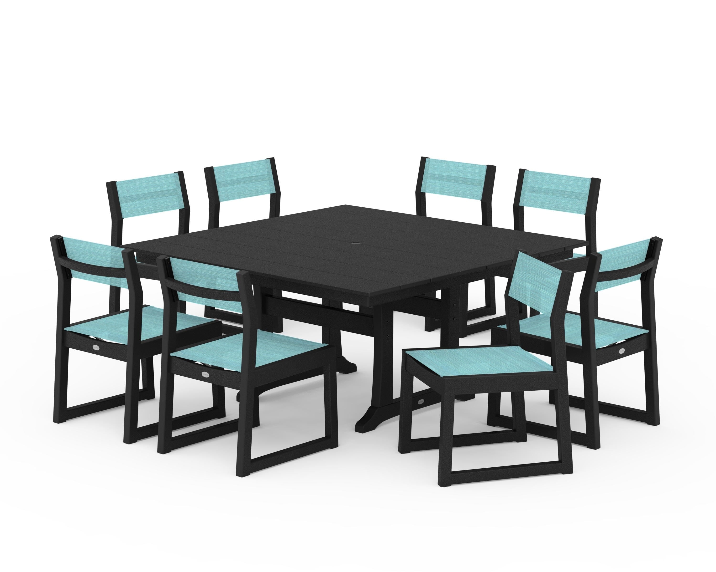 POLYWOOD® EDGE Sling Side Chair 9-Piece Farmhouse Trestle Dining Set in Black / Dupioni Aquamarine Sling