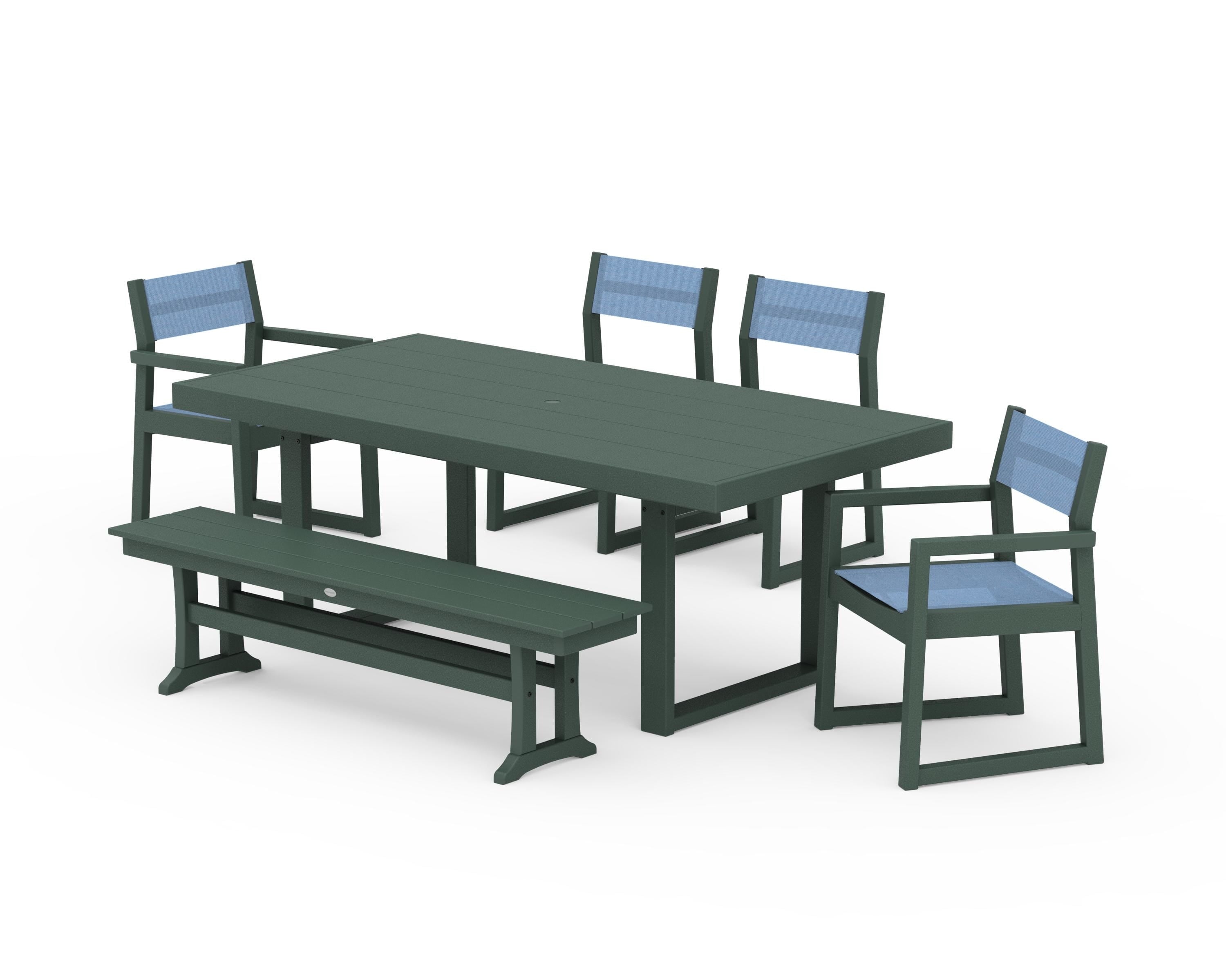 POLYWOOD® EDGE Sling 6-Piece Dining Set with Bench in Green / Poolside Sling