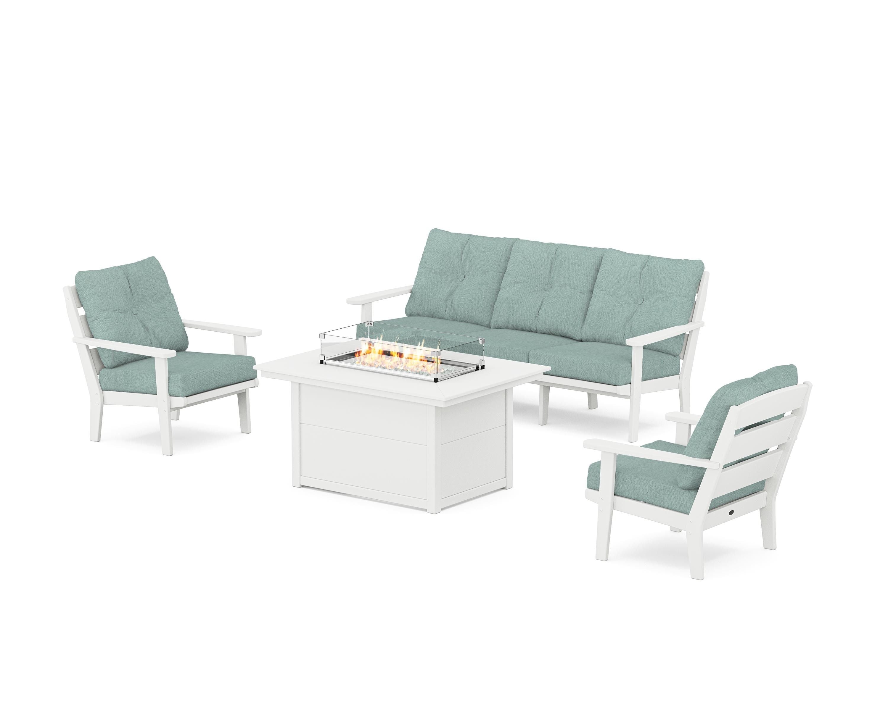 POLYWOOD® Lakeside Deep Seating Fire Pit Table Set in White / Glacier Spa
