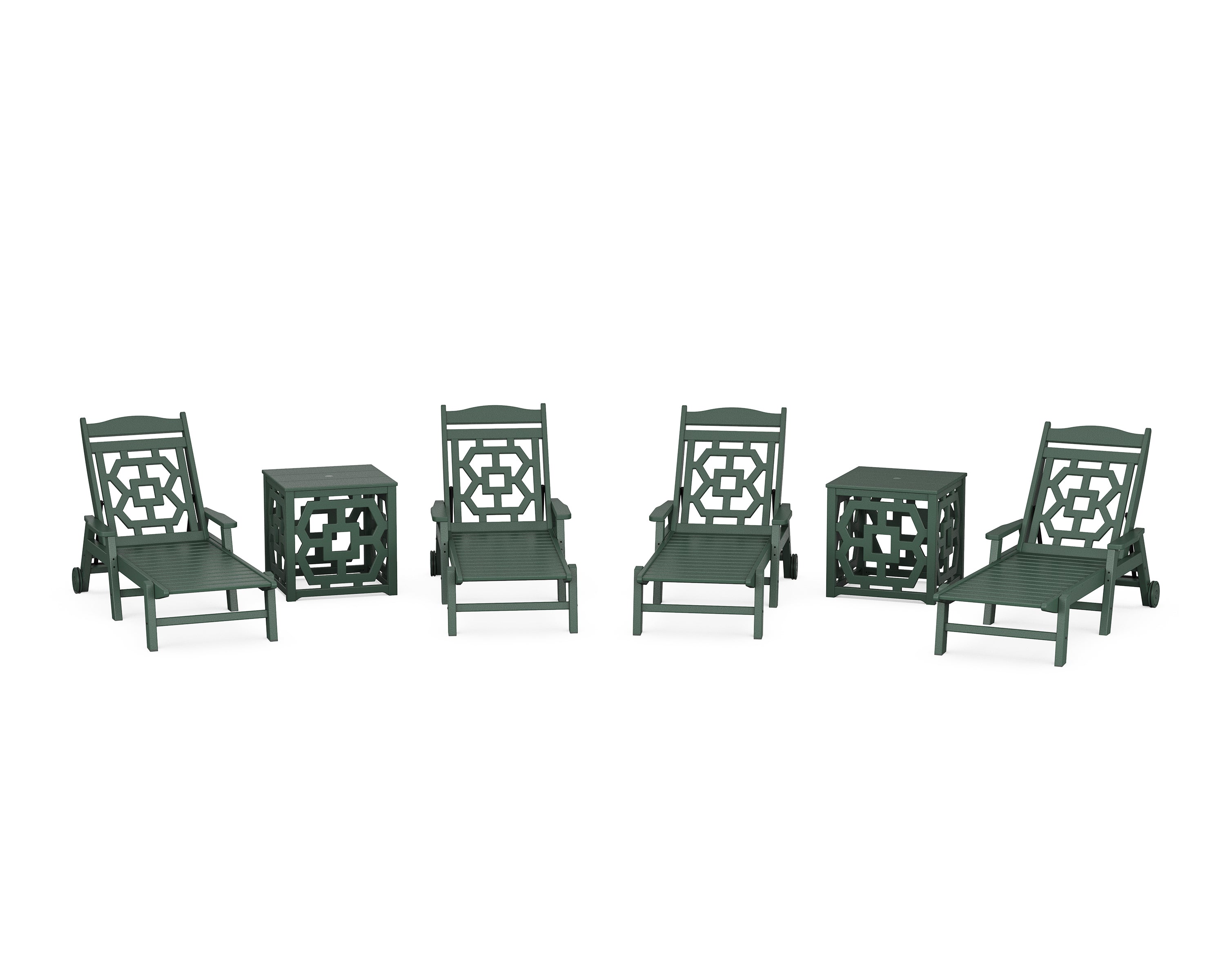 Martha Stewart by POLYWOOD® Chinoiserie 6-Piece Chaise Set with Umbrella Stand Accent Table in Green