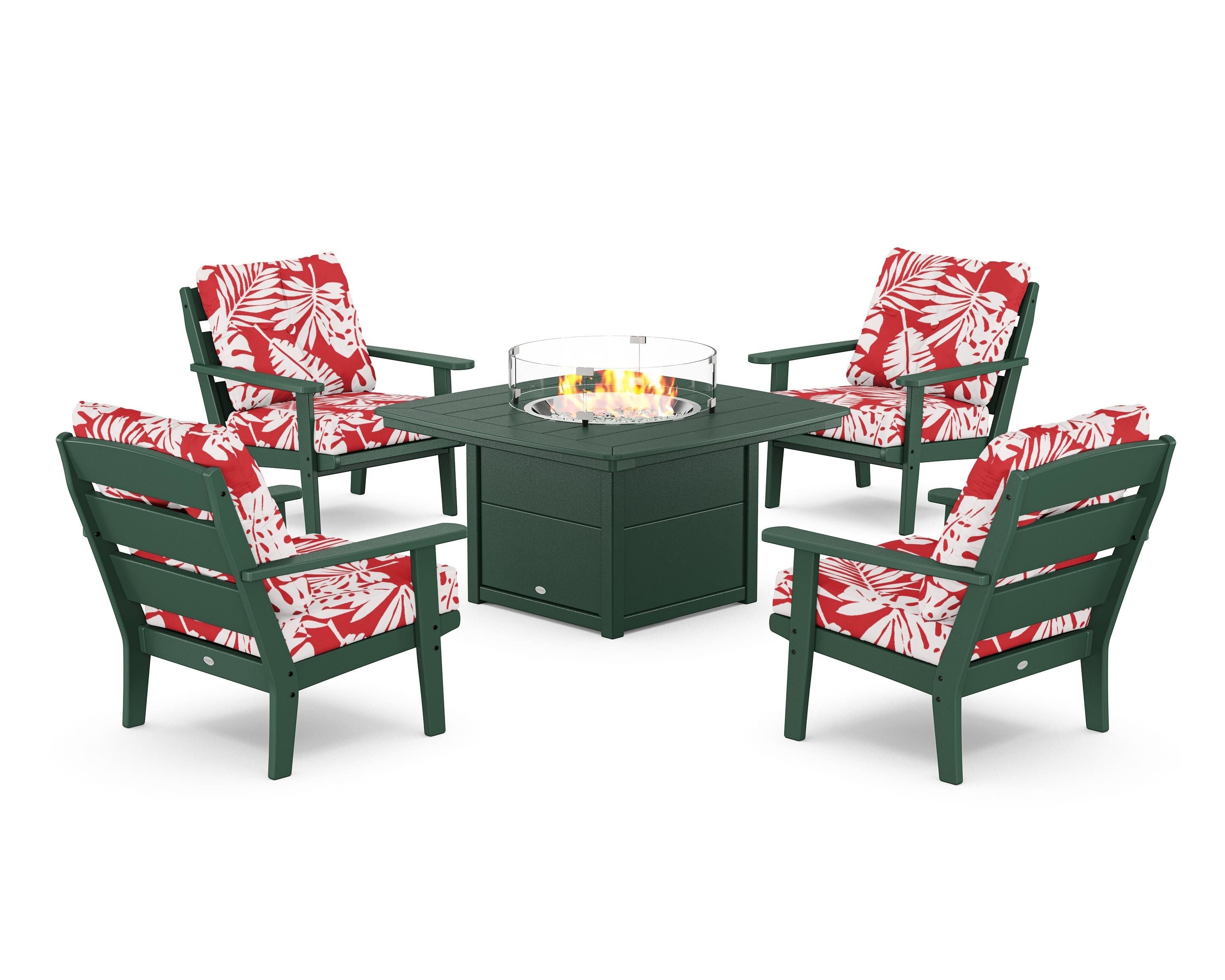 POLYWOOD® Lakeside 5-Piece Deep Seating Set with Nautical Fire Pit Table in Green / Leaf Crimson