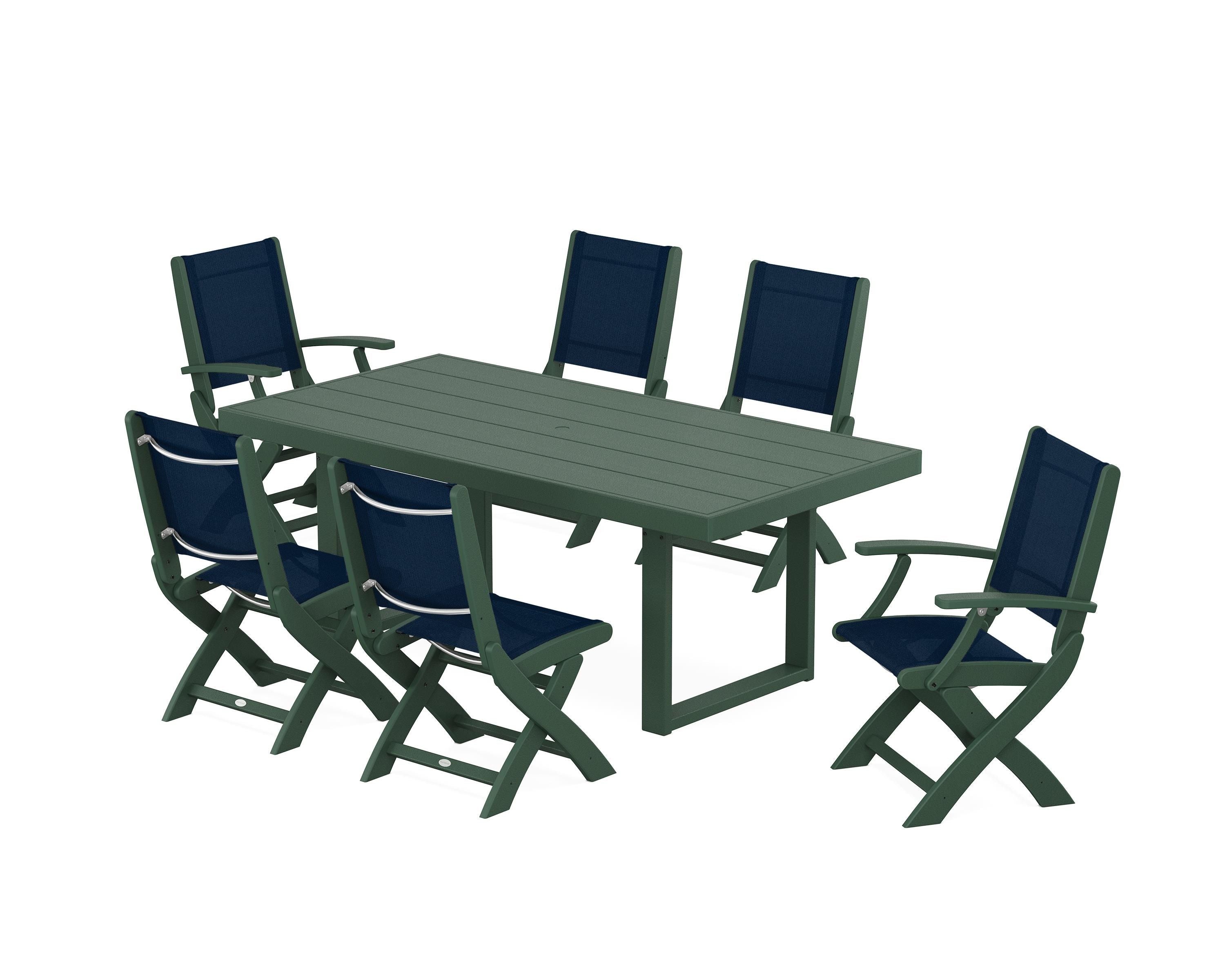 POLYWOOD® Coastal Folding Chair 7-Piece Dining Set with Trestle Legs in Green / Navy Blue Sling