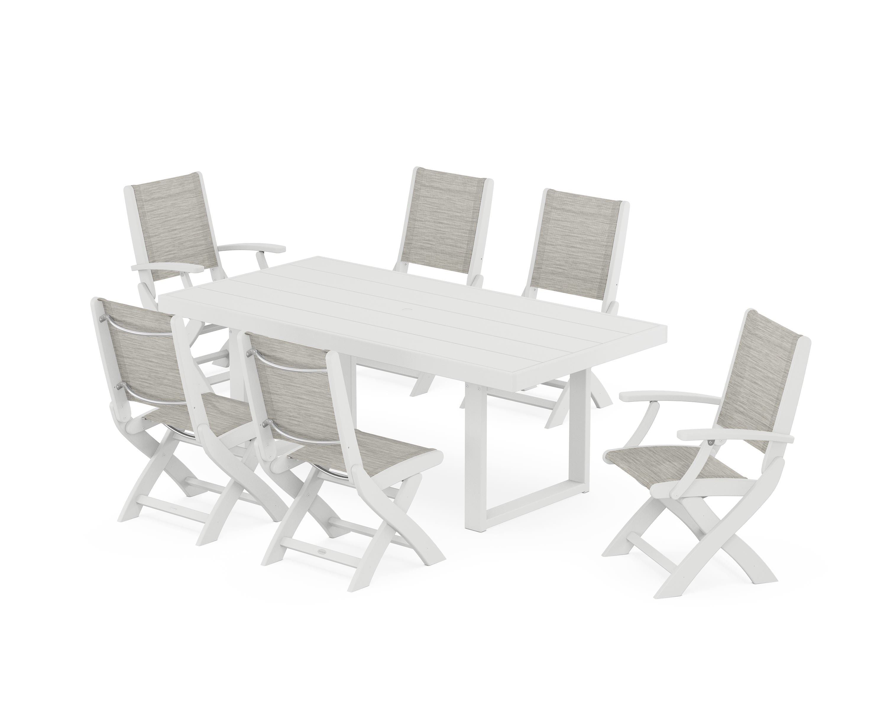 POLYWOOD® Coastal Folding Chair 7-Piece Dining Set with Trestle Legs in White / Birch Sling
