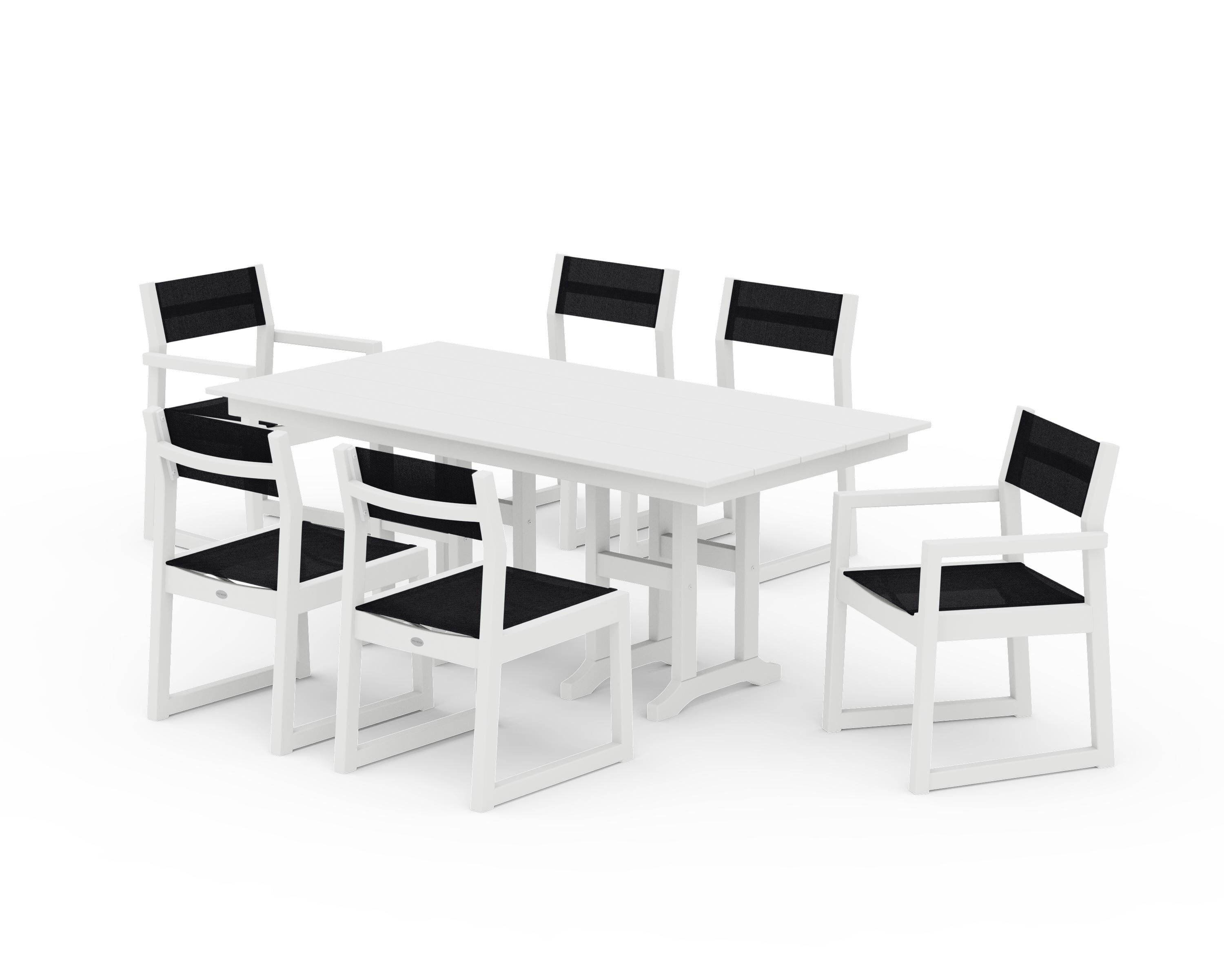 POLYWOOD® EDGE Sling 7-Piece Farmhouse Dining Set in White / Black Sling