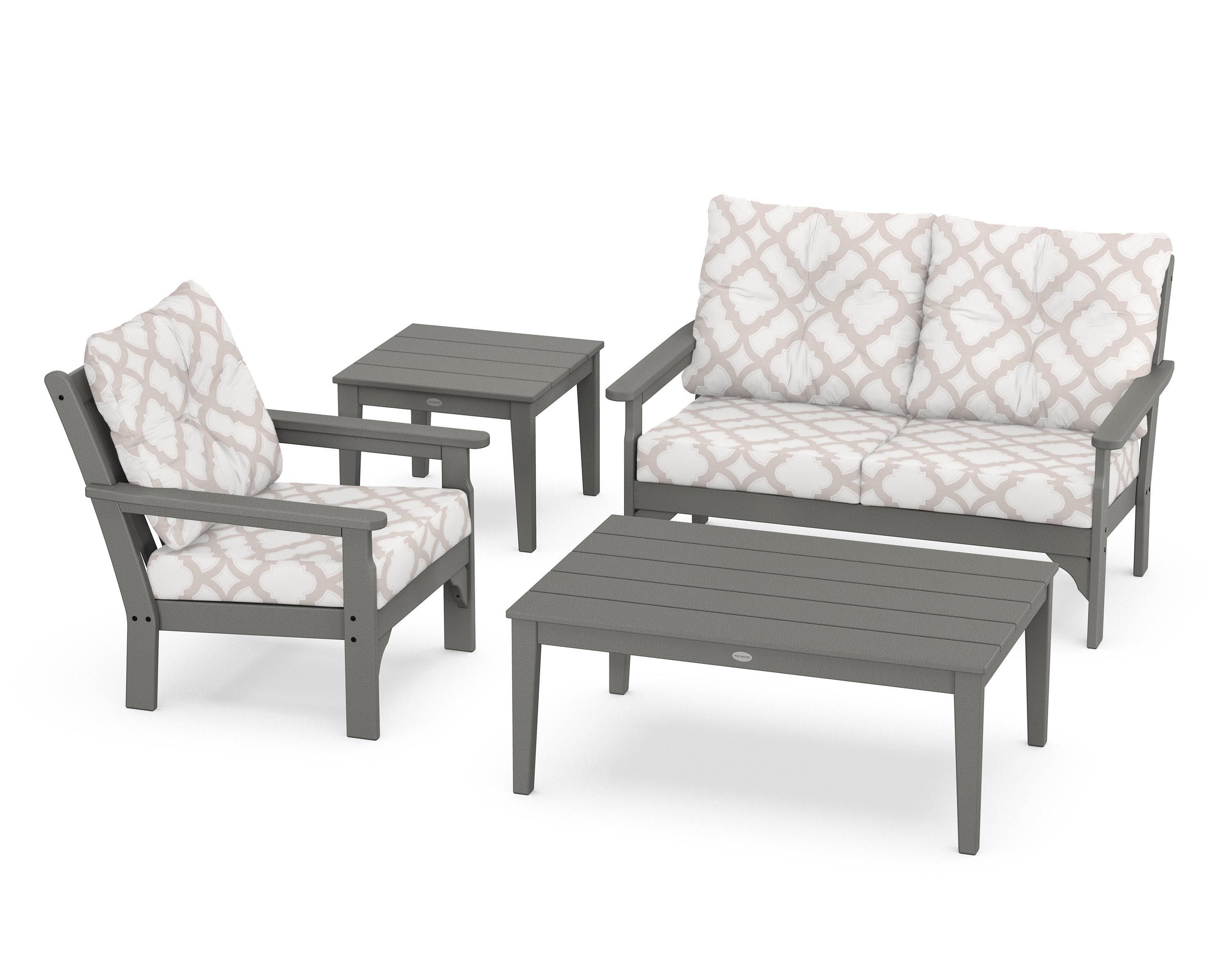 POLYWOOD® Vineyard 4-Piece Deep Seating Set in Slate Grey / Trellis Dune Burlap