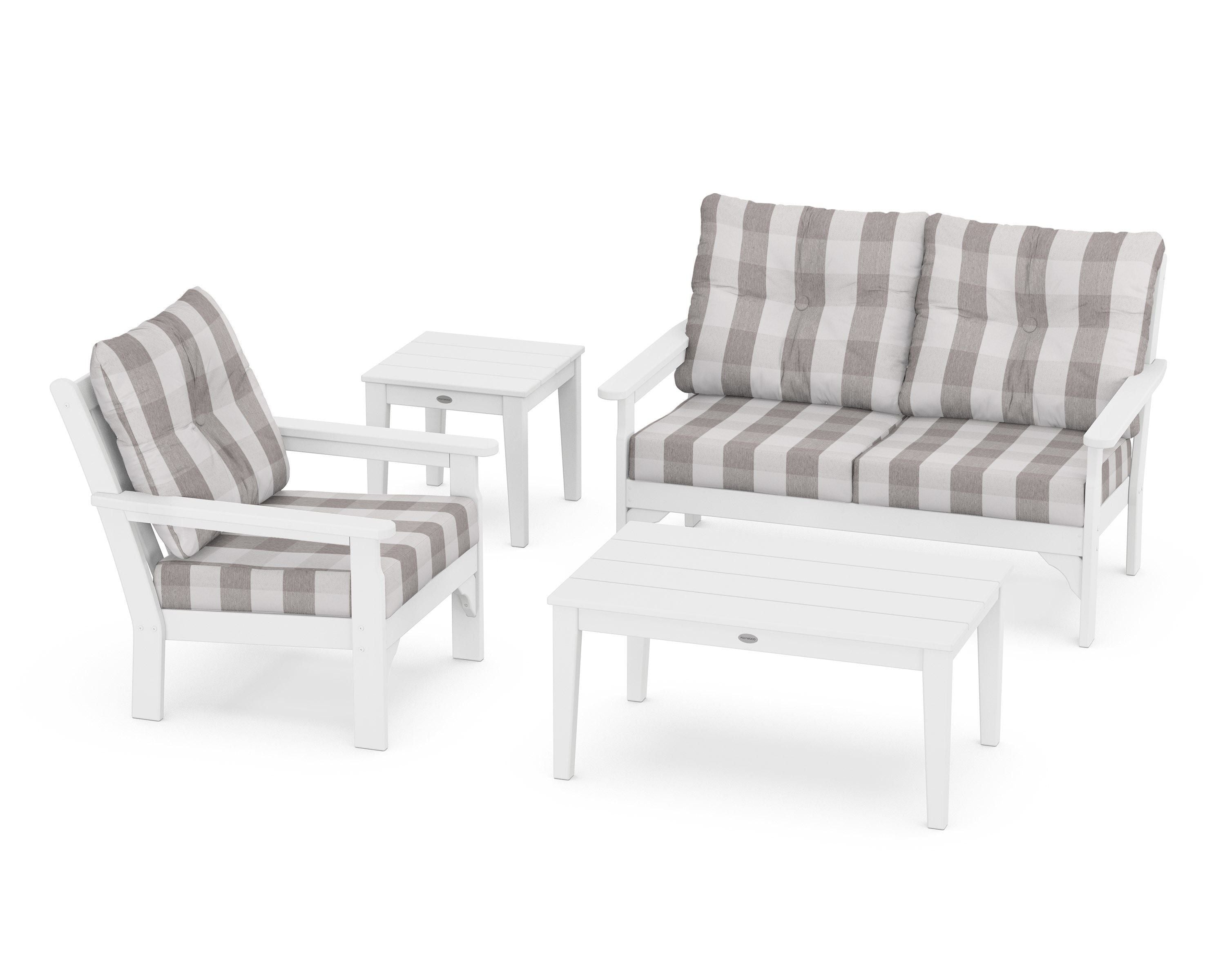 POLYWOOD® Vineyard 4-Piece Deep Seating Set in White / Buffalo Plaid Grey Mist