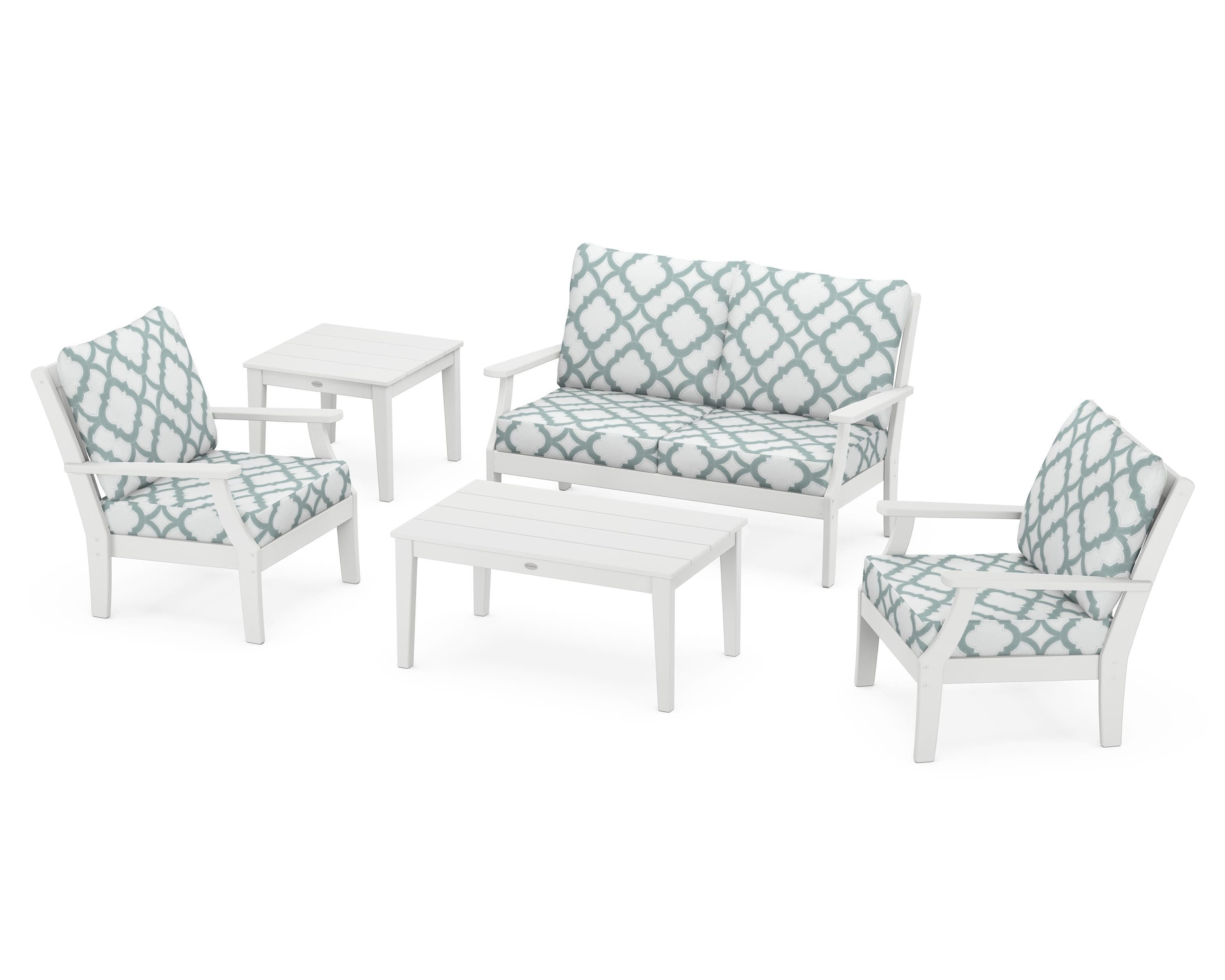 POLYWOOD® Braxton 5-Piece Deep Seating Set in White / Trellis Glacier Spa