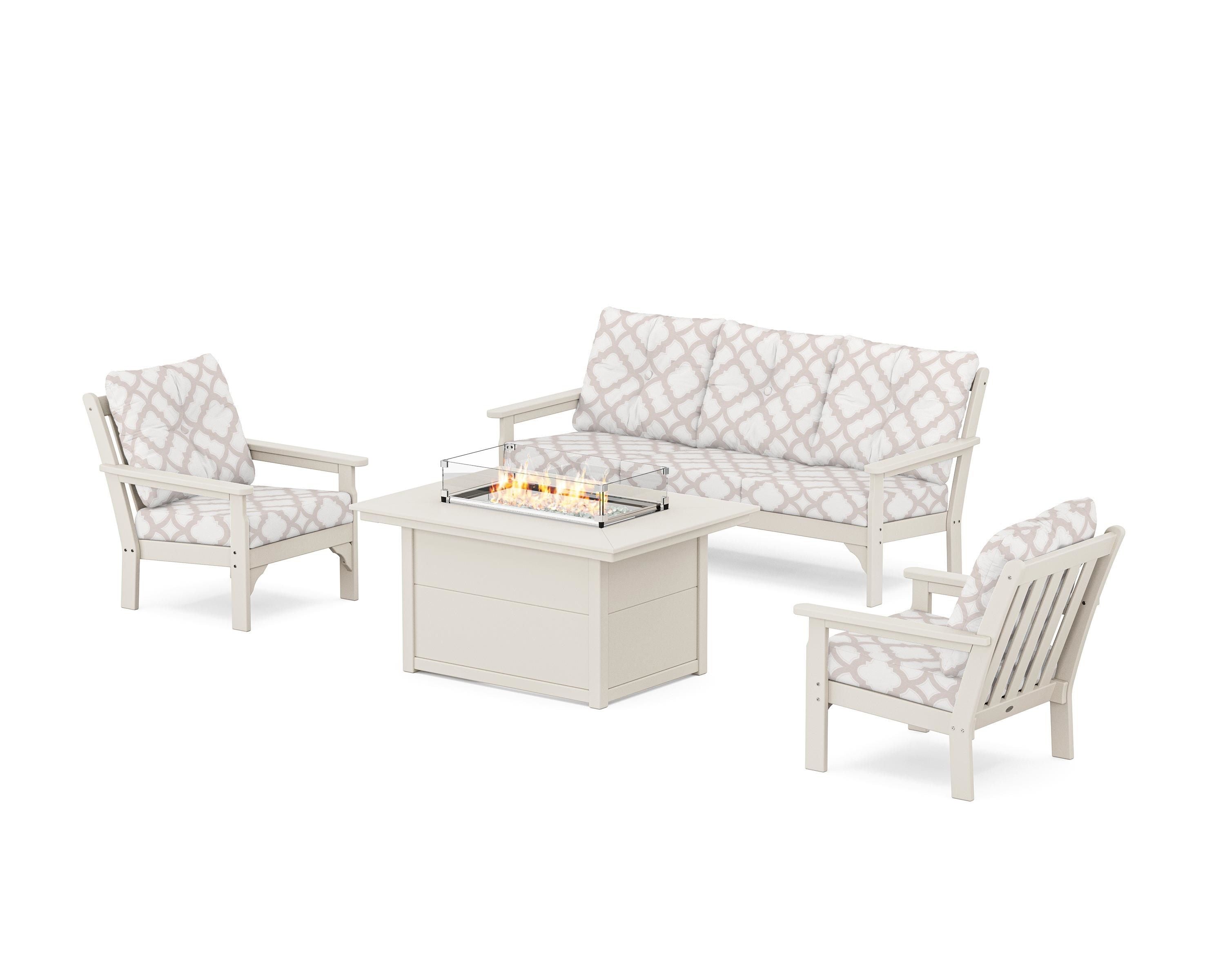 POLYWOOD® Vineyard Deep Seating Fire Pit Table Set in Sand / Trellis Dune Burlap