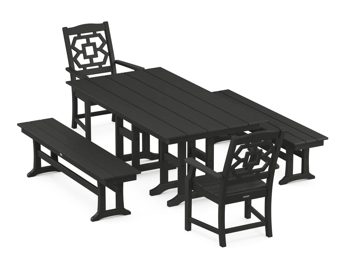Chinoiserie 5-Piece Farmhouse Dining Set with Benches