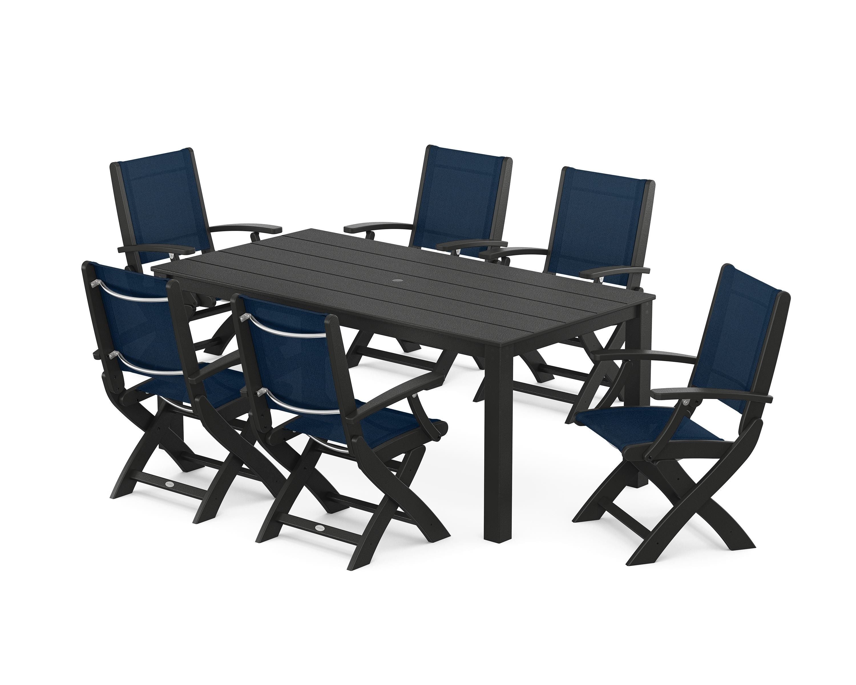 POLYWOOD® Coastal Folding Chair 7-Piece Parsons Dining Set in Black / Navy Blue Sling