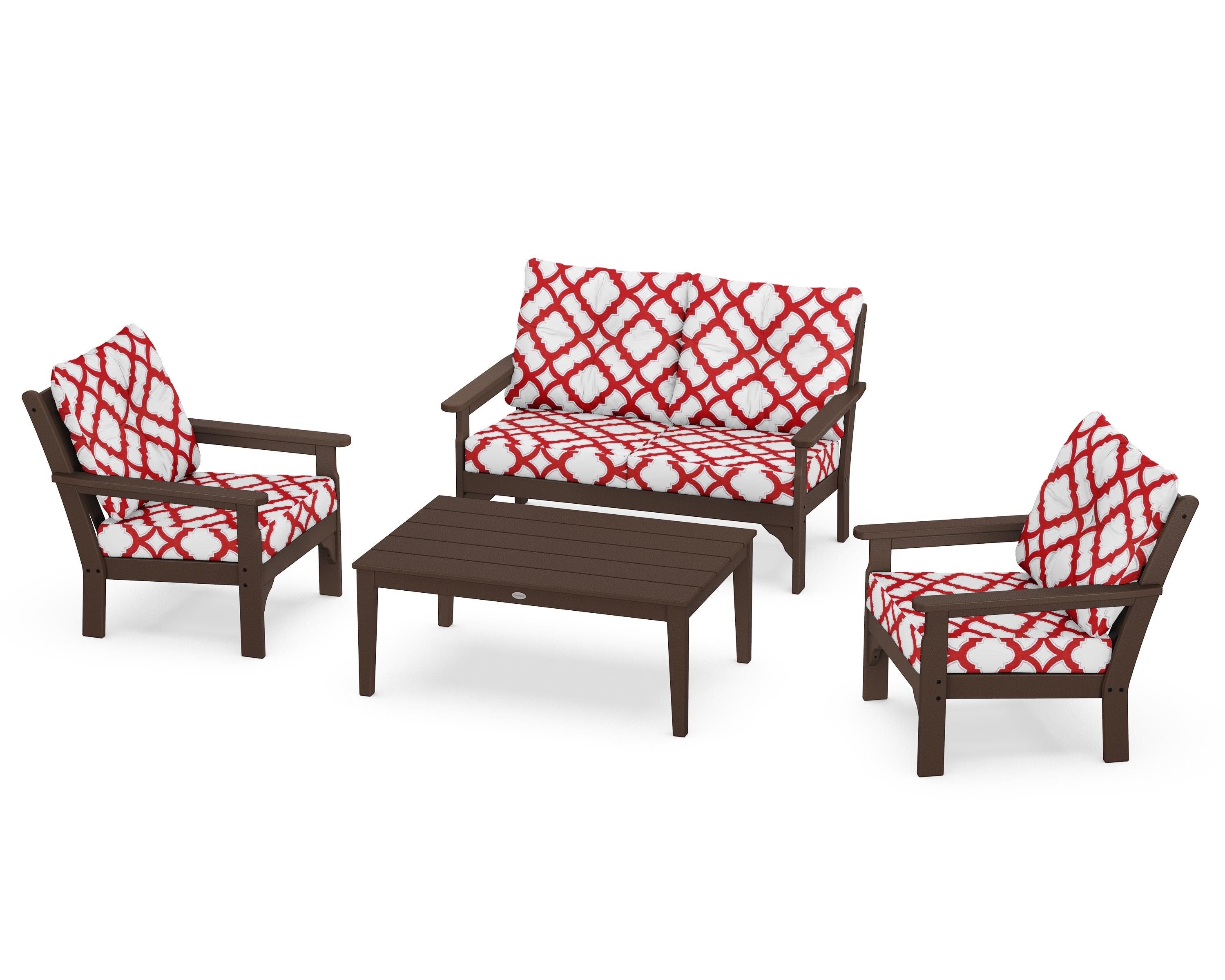POLYWOOD® Vineyard 4-Piece Deep Seating Set in Mahogany / Trellis Crimson